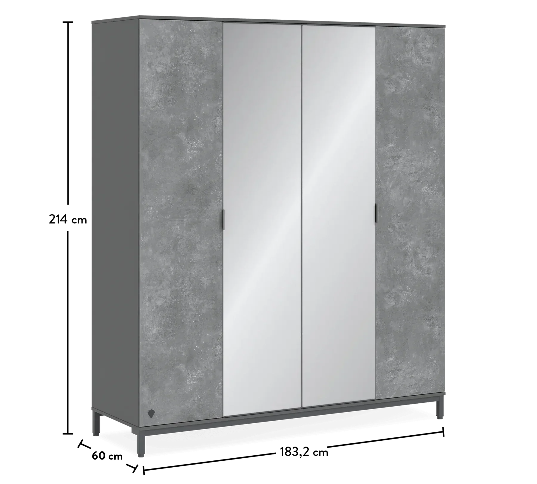 Четирикрилен гардероб «Space Gray» с огледална врата, ширина 183см
