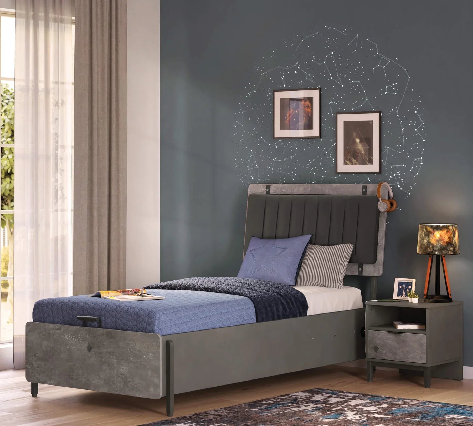 Нощно шкафче «Space Gray» + чекмедже и рафт, размер 47х50х43см