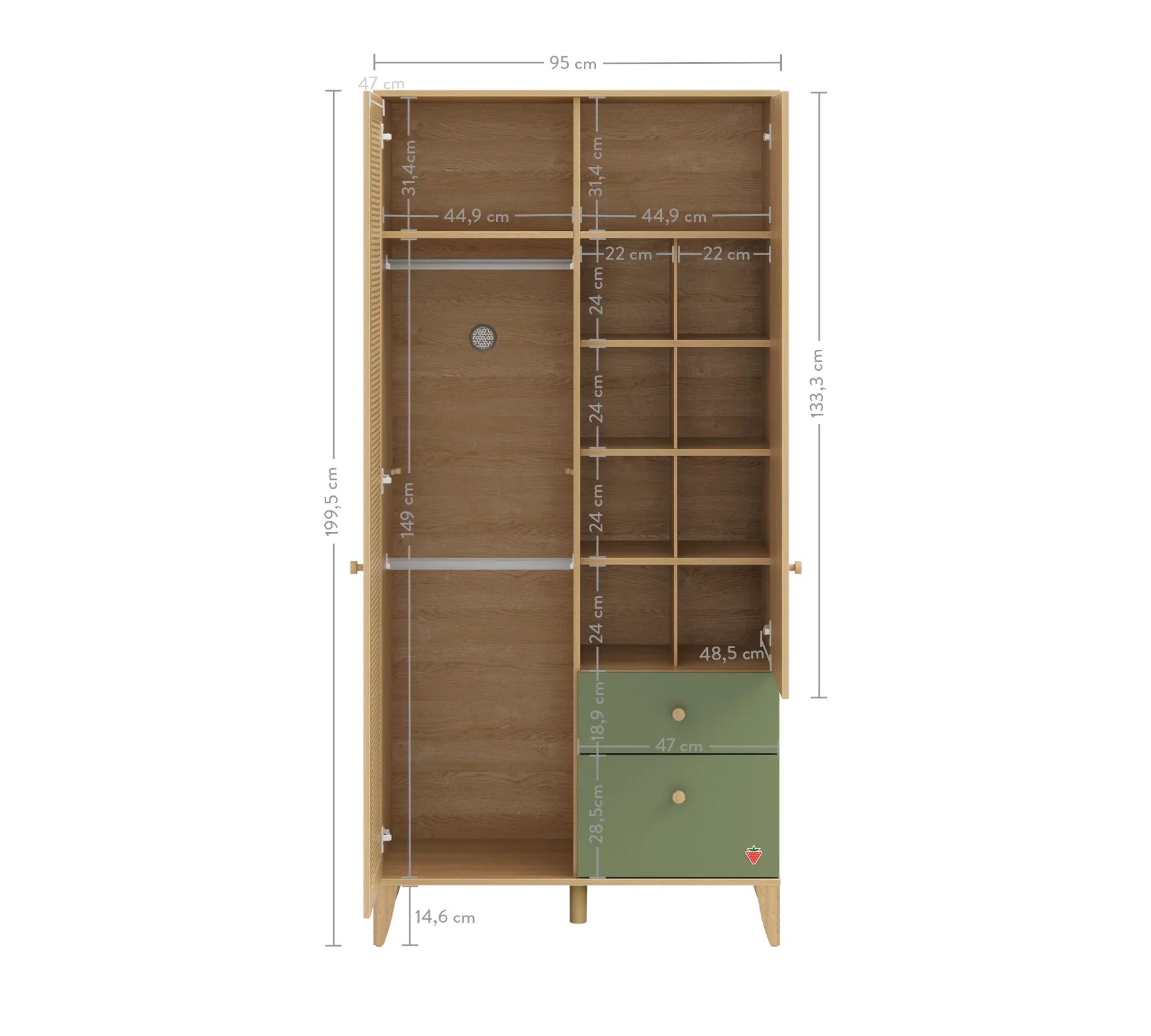 Двукрилен гардероб «Loof Baby» - чекмеджета, ширина 95см