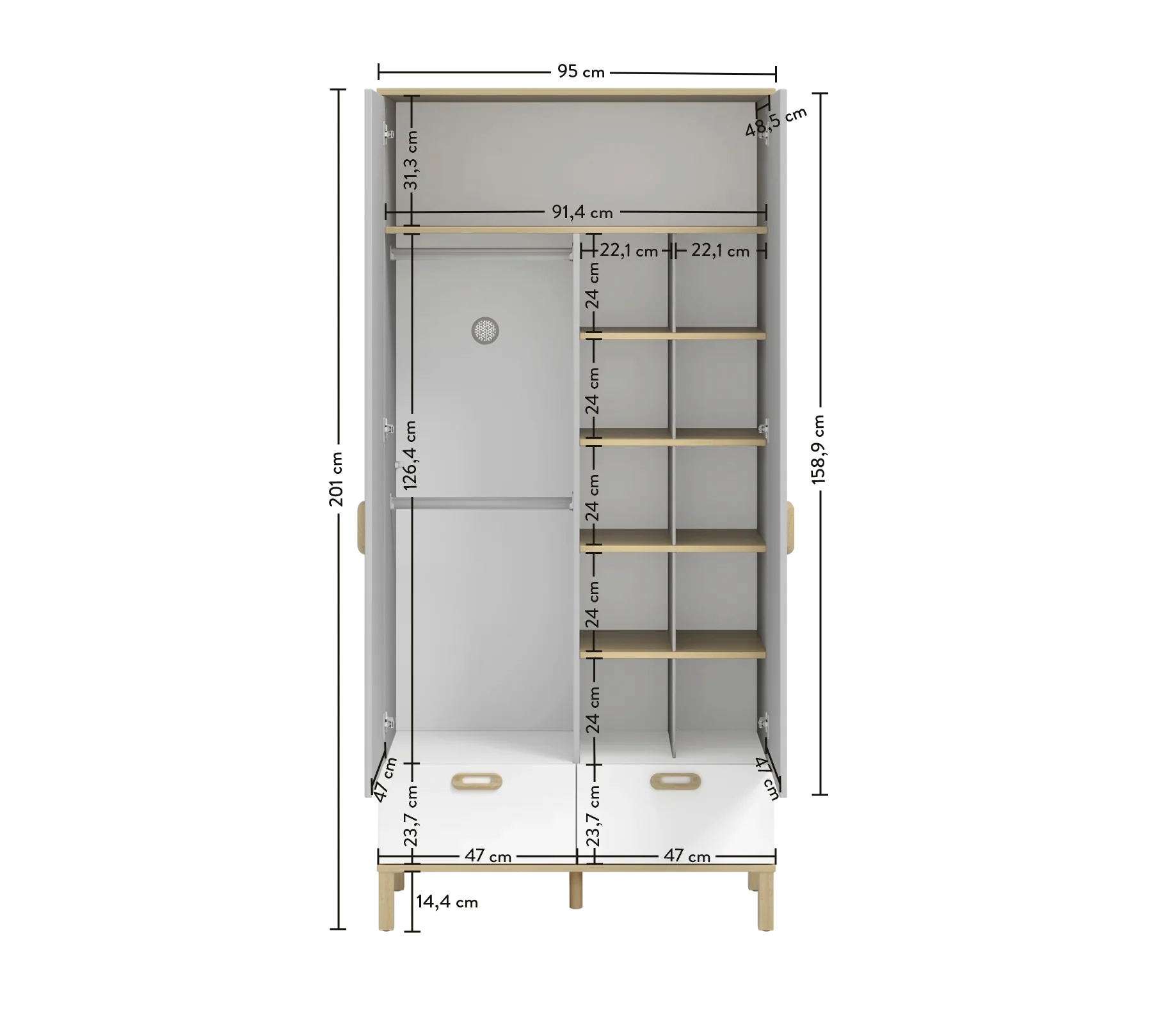 Двукрилен гардероб «Mino» - чекмеджета, ширина 95см