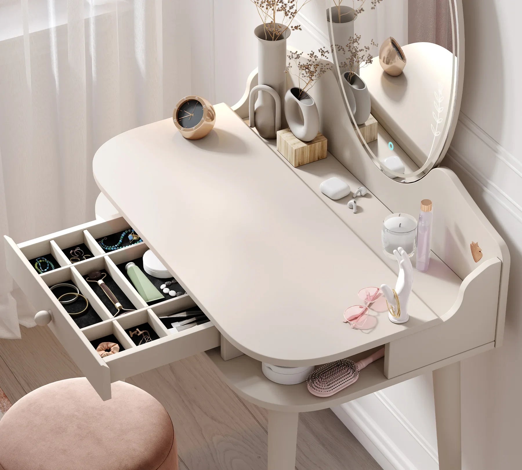 Тоалетка «Крем» + чекмедже и рафтове, огледало с LED осветление, размер 80х143х50см