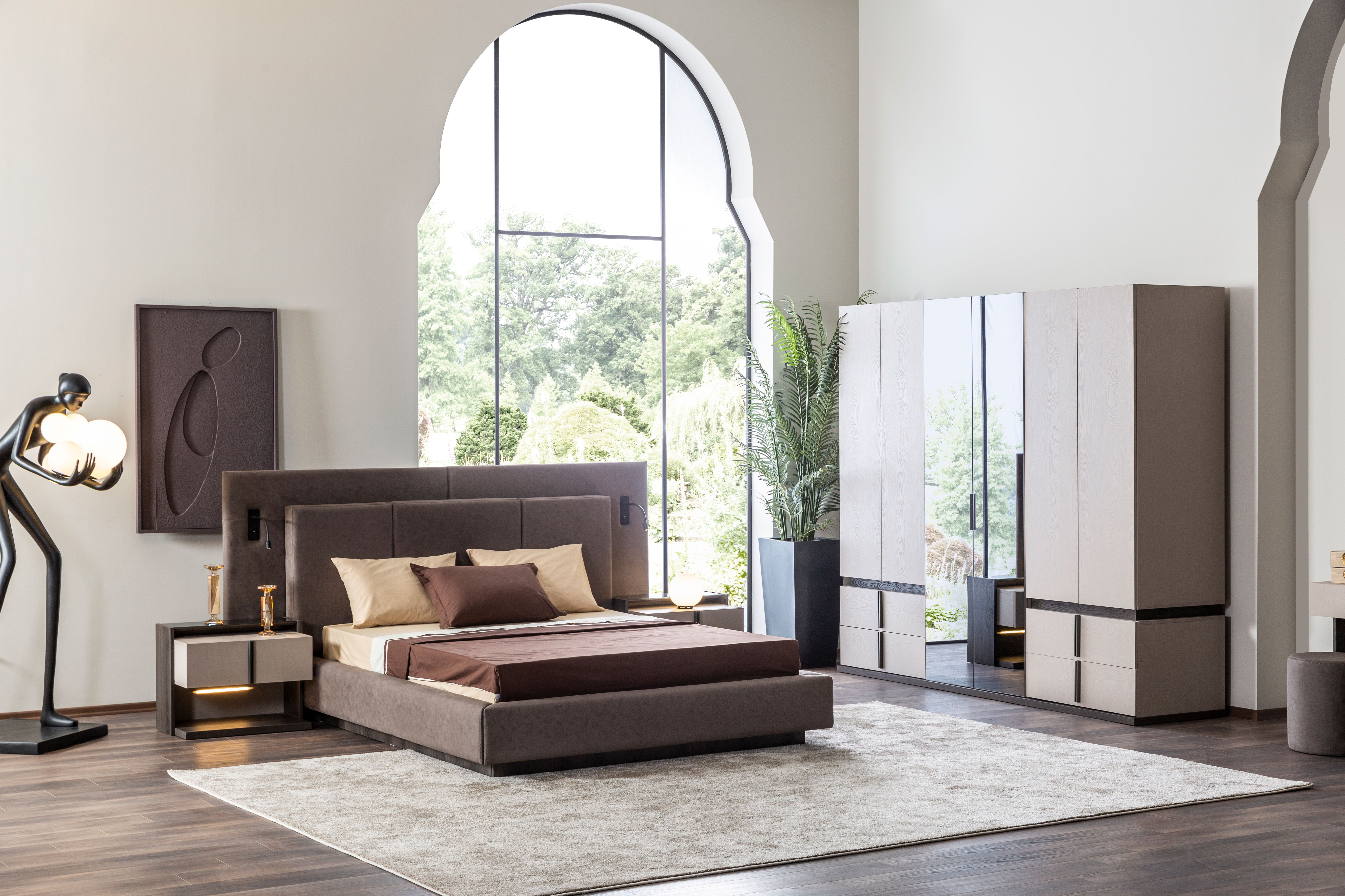 Тапицирано легло «Vitra» + табла с осветление - с място за съхранение, повдигащ механизъм