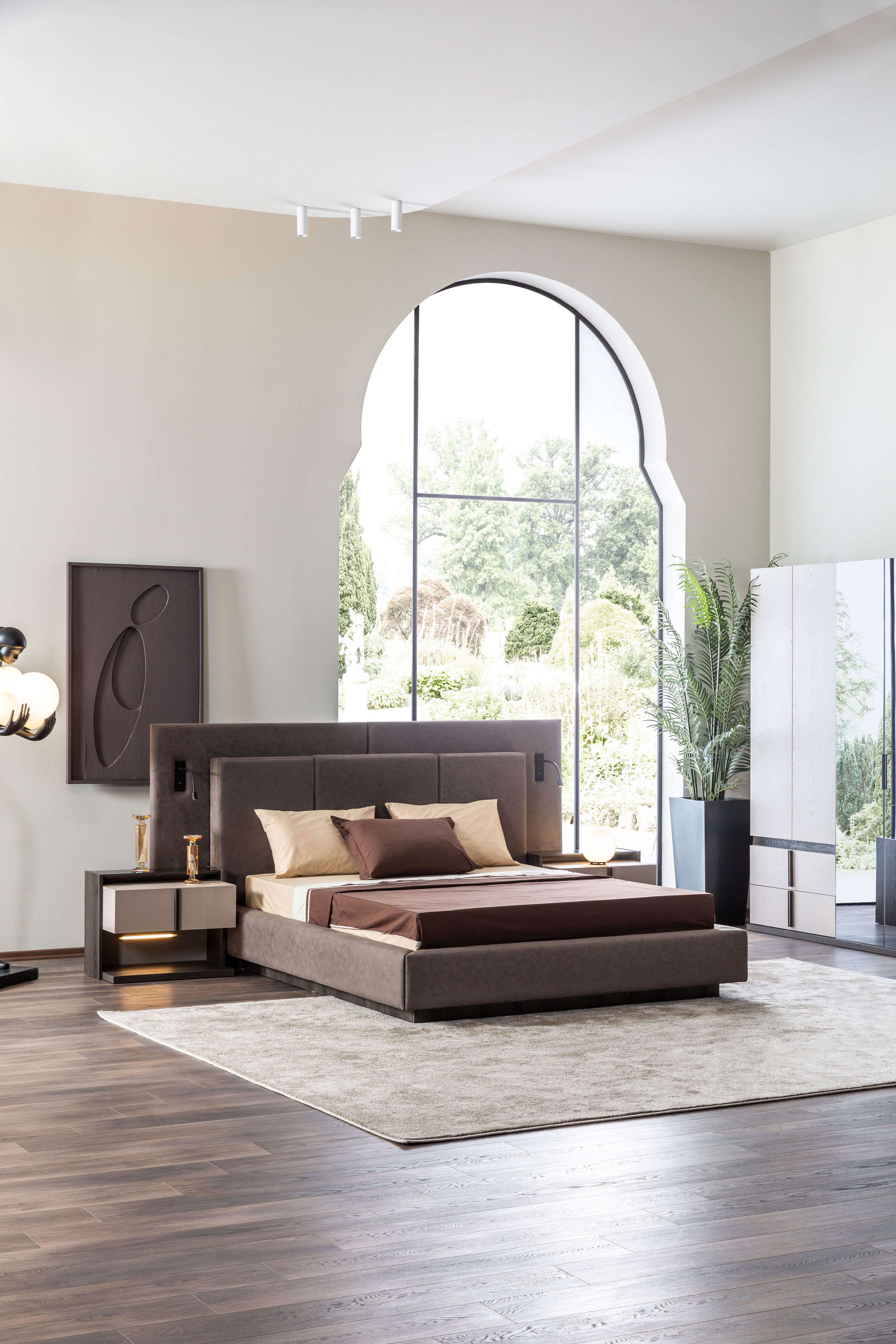 Тапицирано легло «Vitra» + табла с осветление - с място за съхранение, повдигащ механизъм