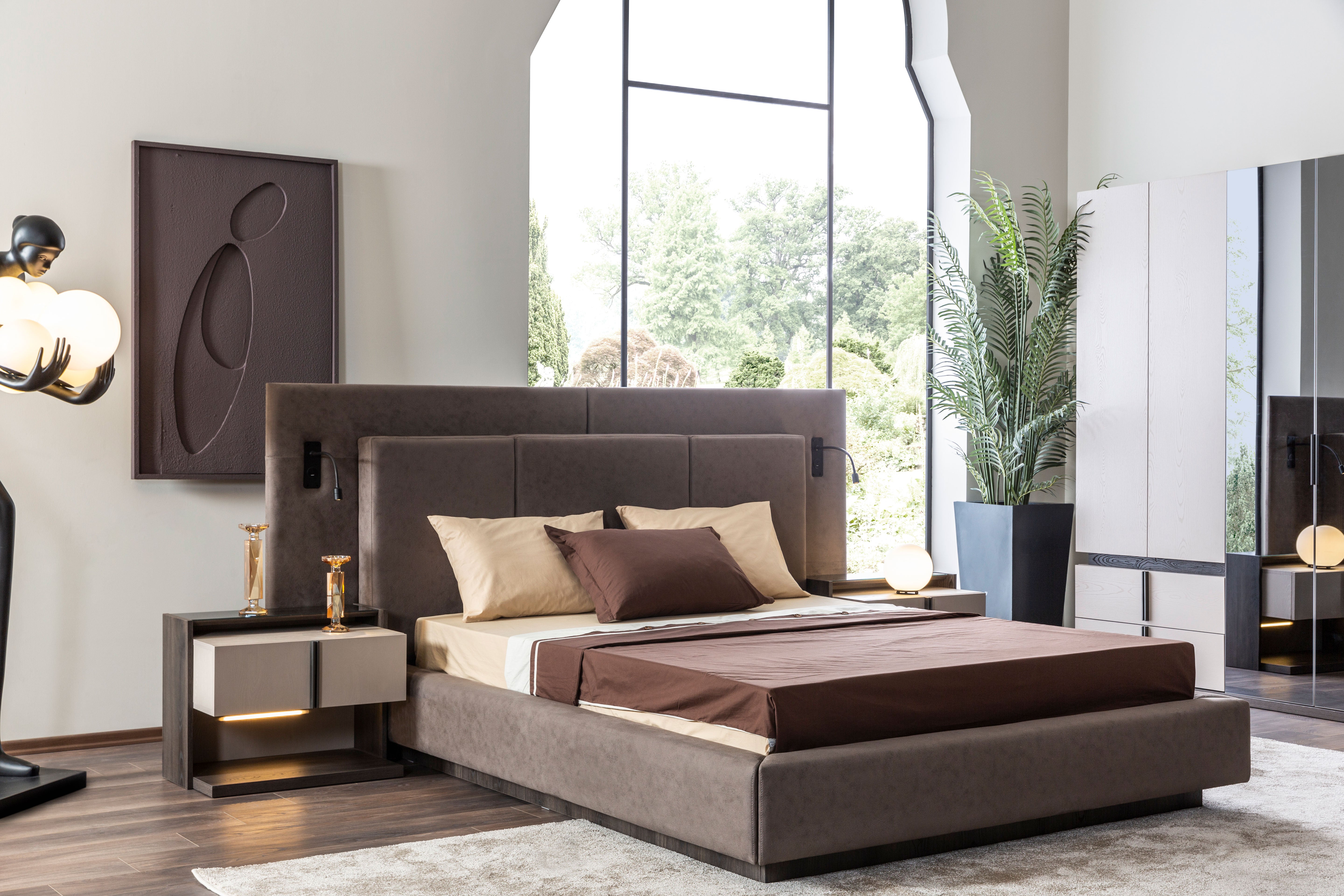 Тапицирано легло «Vitra» + табла с осветление - с място за съхранение, повдигащ механизъм