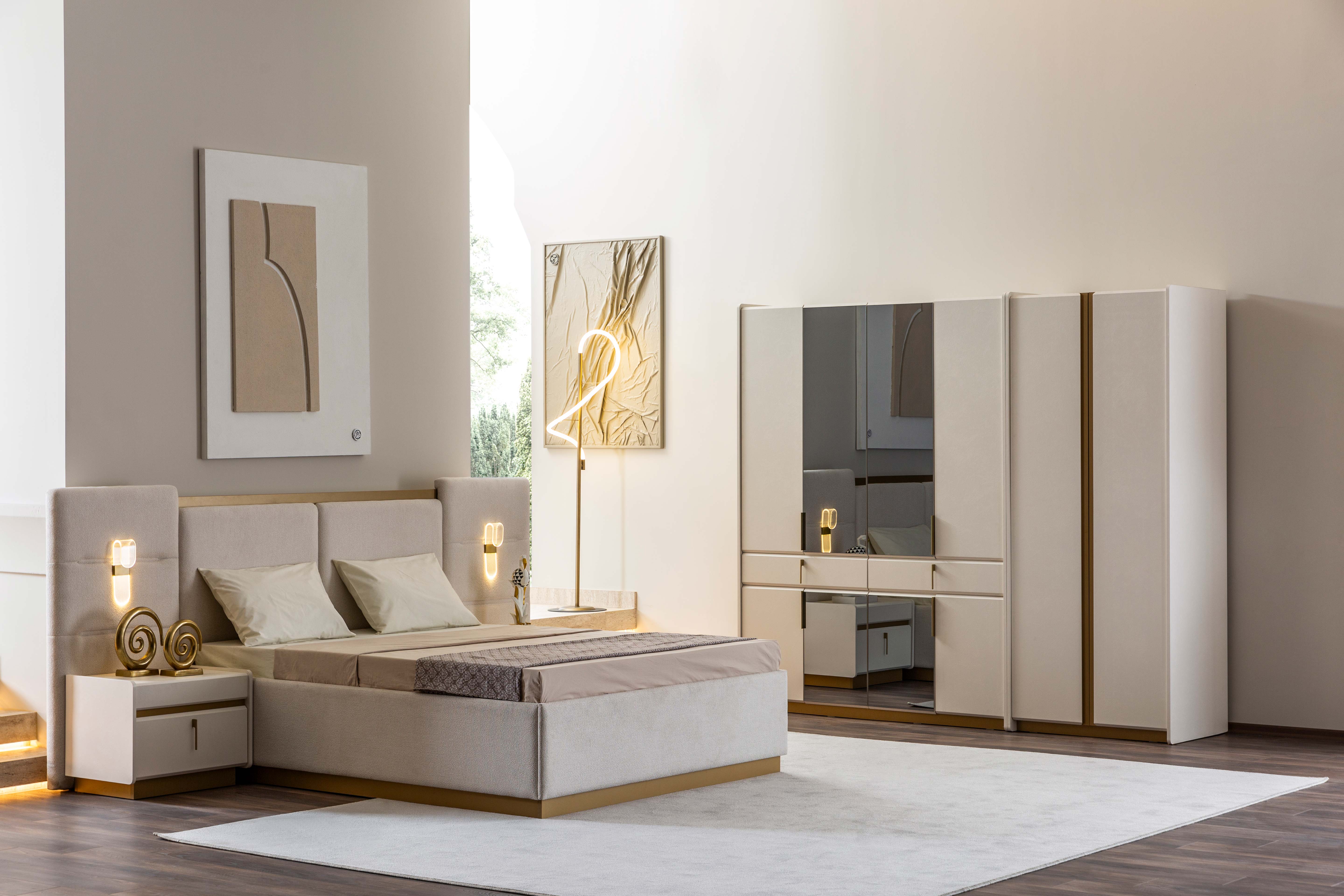 Четирикрилен гардероб «Loren» с огледална врата, чекмеджета, лост за закачалки, рафтове, ширина 165см