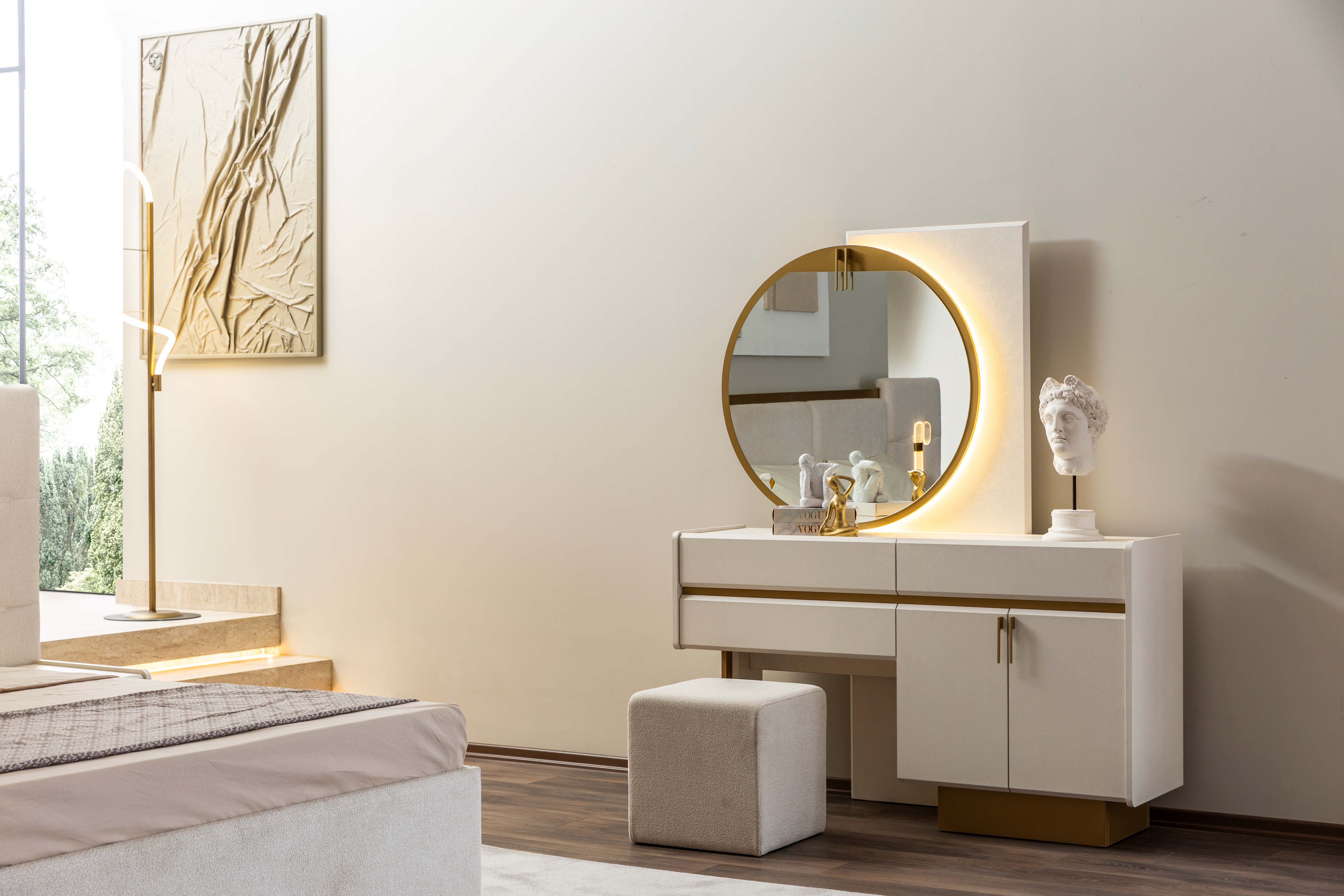 Тоалетка «Loren» + огледало, табуретка, с три чекмеджета и шкаф, размер 148х176х46см