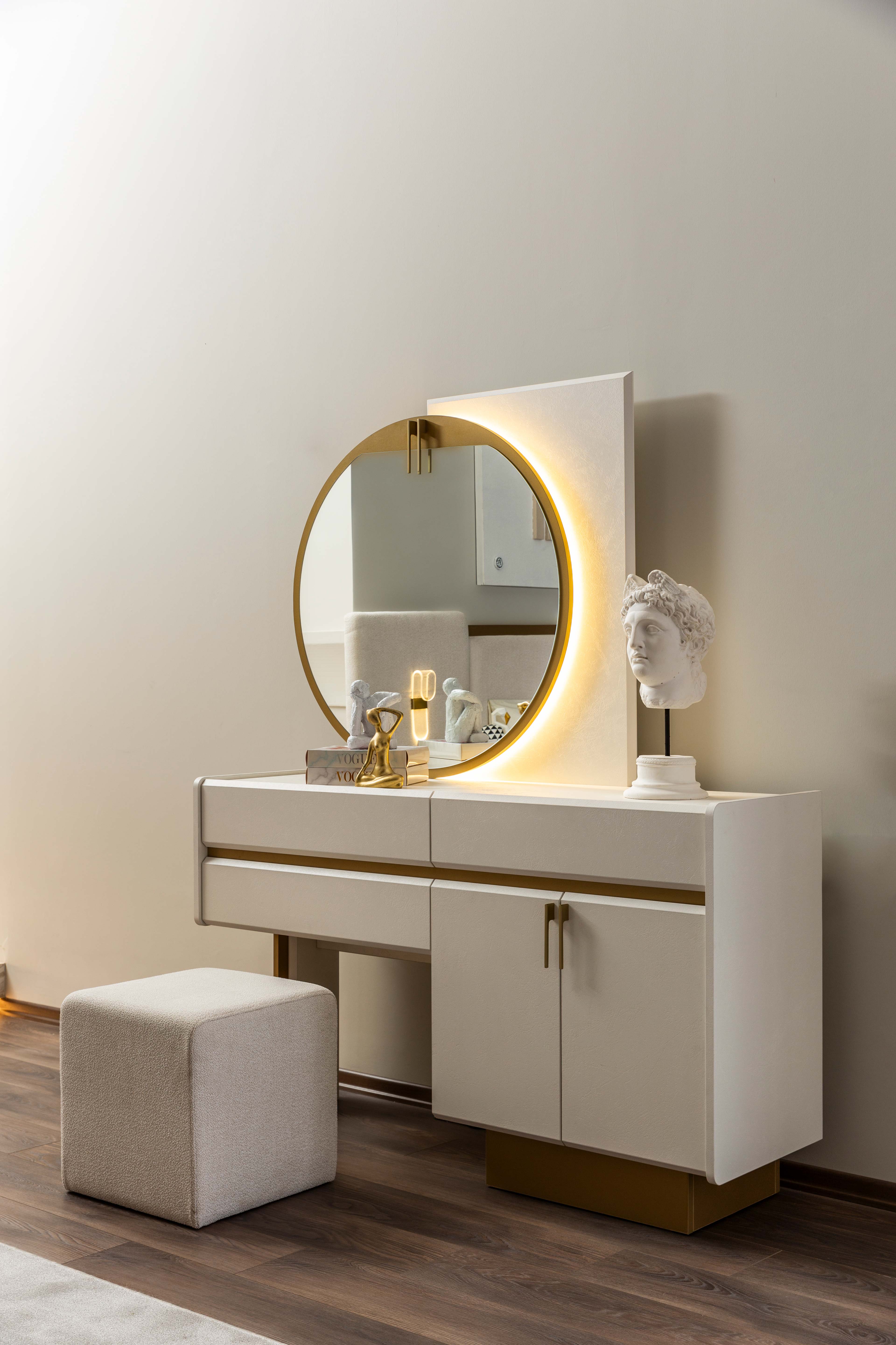 Тоалетка «Loren» + огледало, табуретка, с три чекмеджета и шкаф, размер 148х176х46см