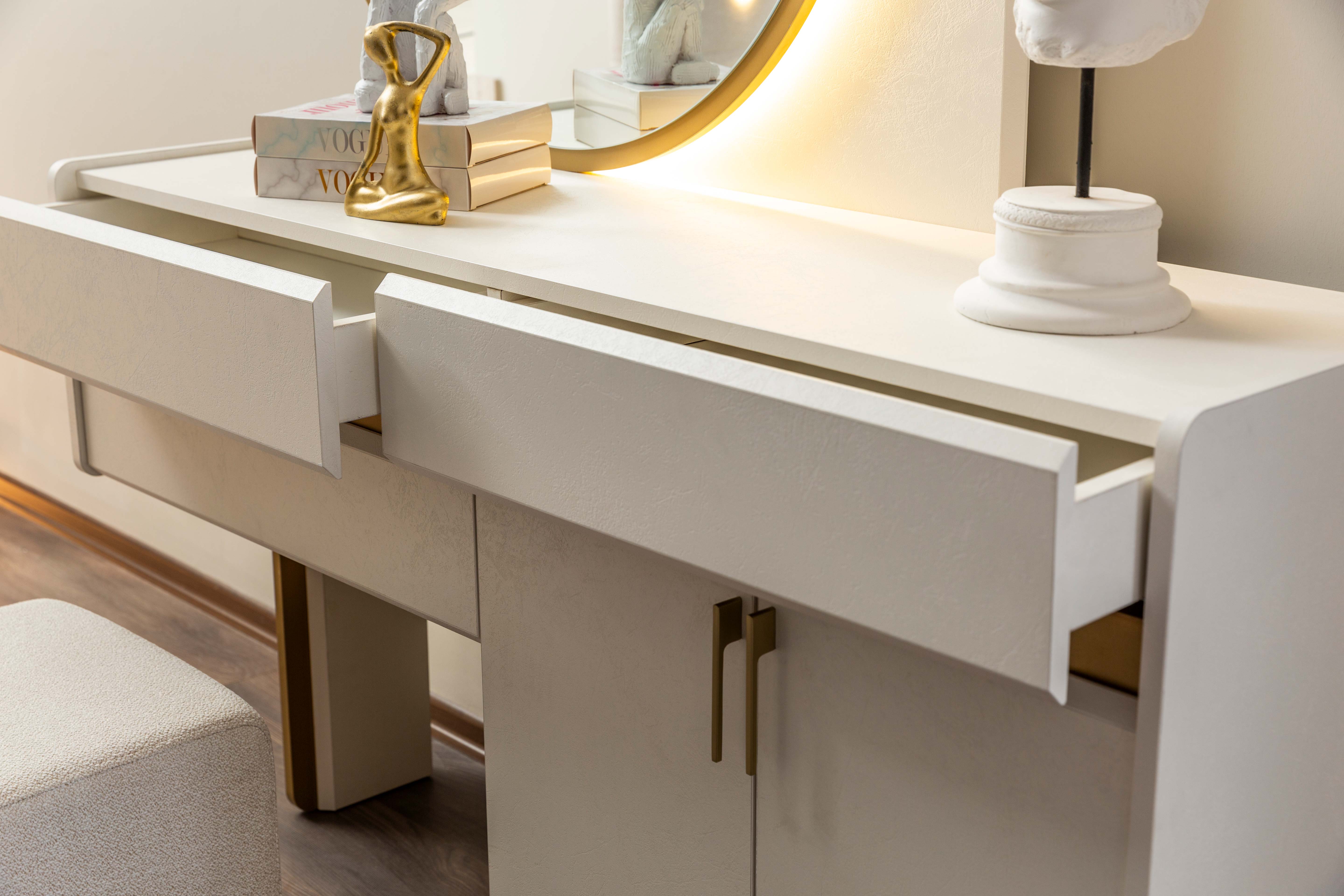 Тоалетка «Loren» + огледало, табуретка, с три чекмеджета и шкаф, размер 148х176х46см