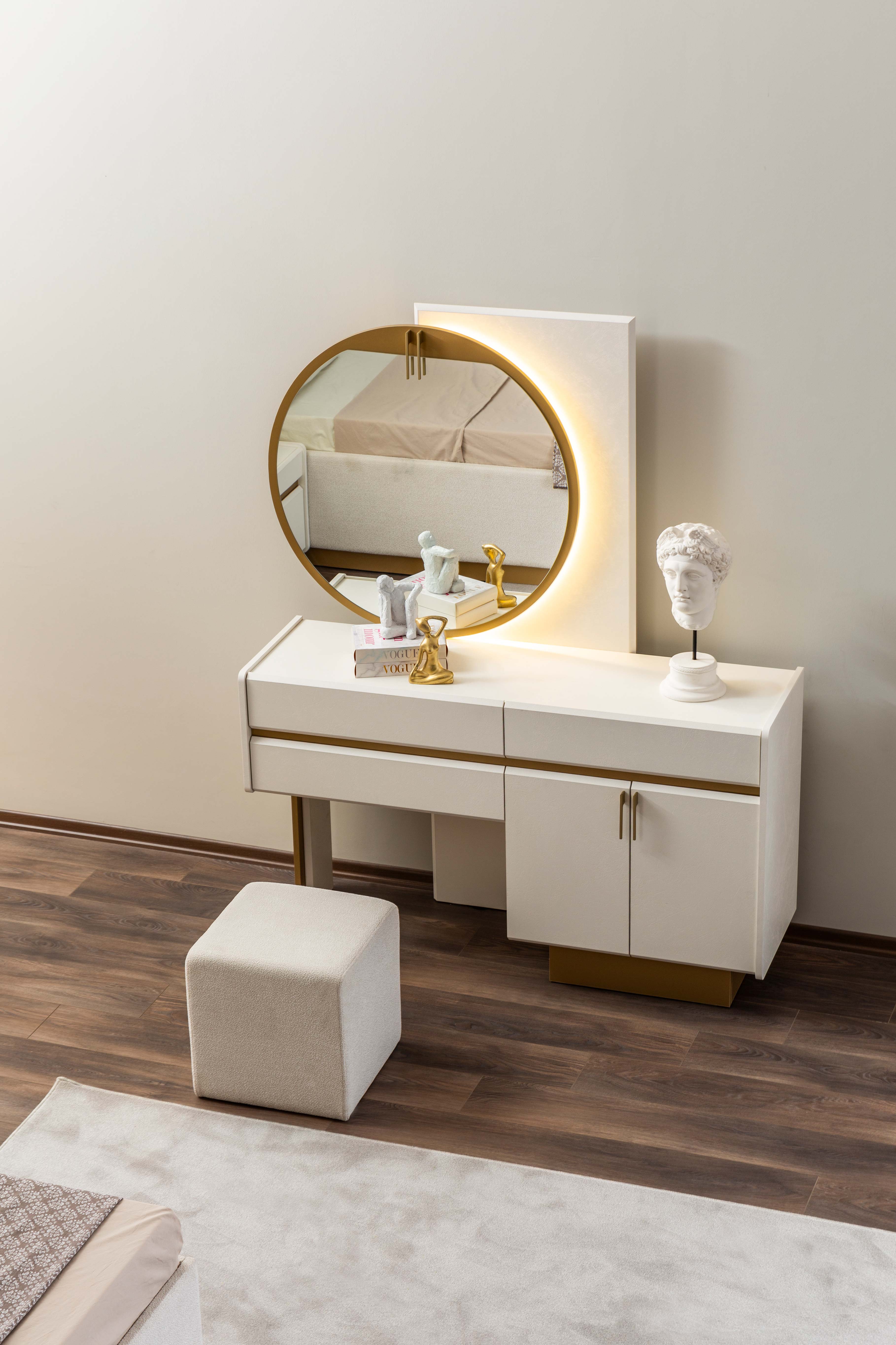 Тоалетка «Loren» + огледало, табуретка, с три чекмеджета и шкаф, размер 148х176х46см