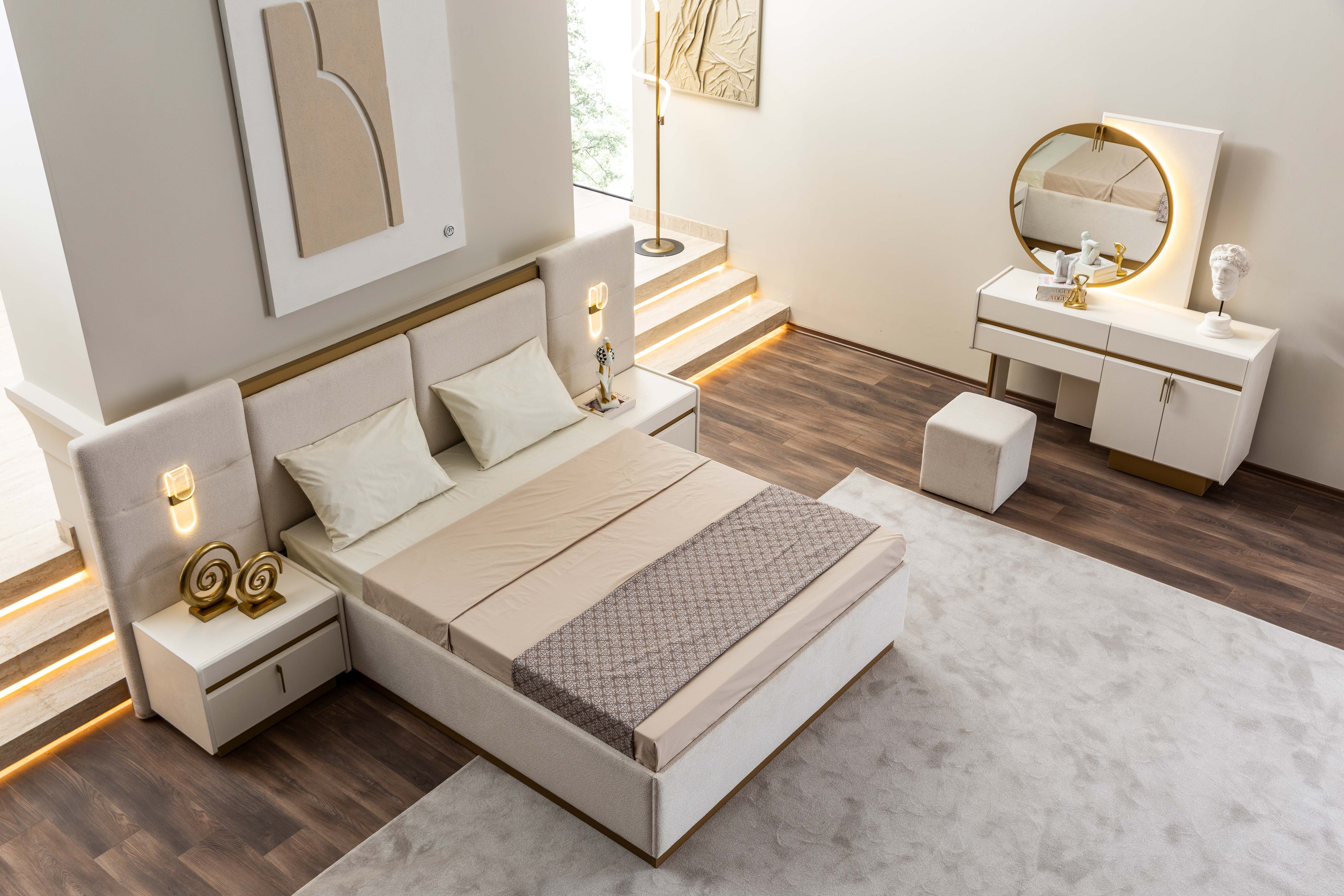 Тапицирано легло «Loren» + табла с осветление - с място за съхранение, повдигащ механизъм