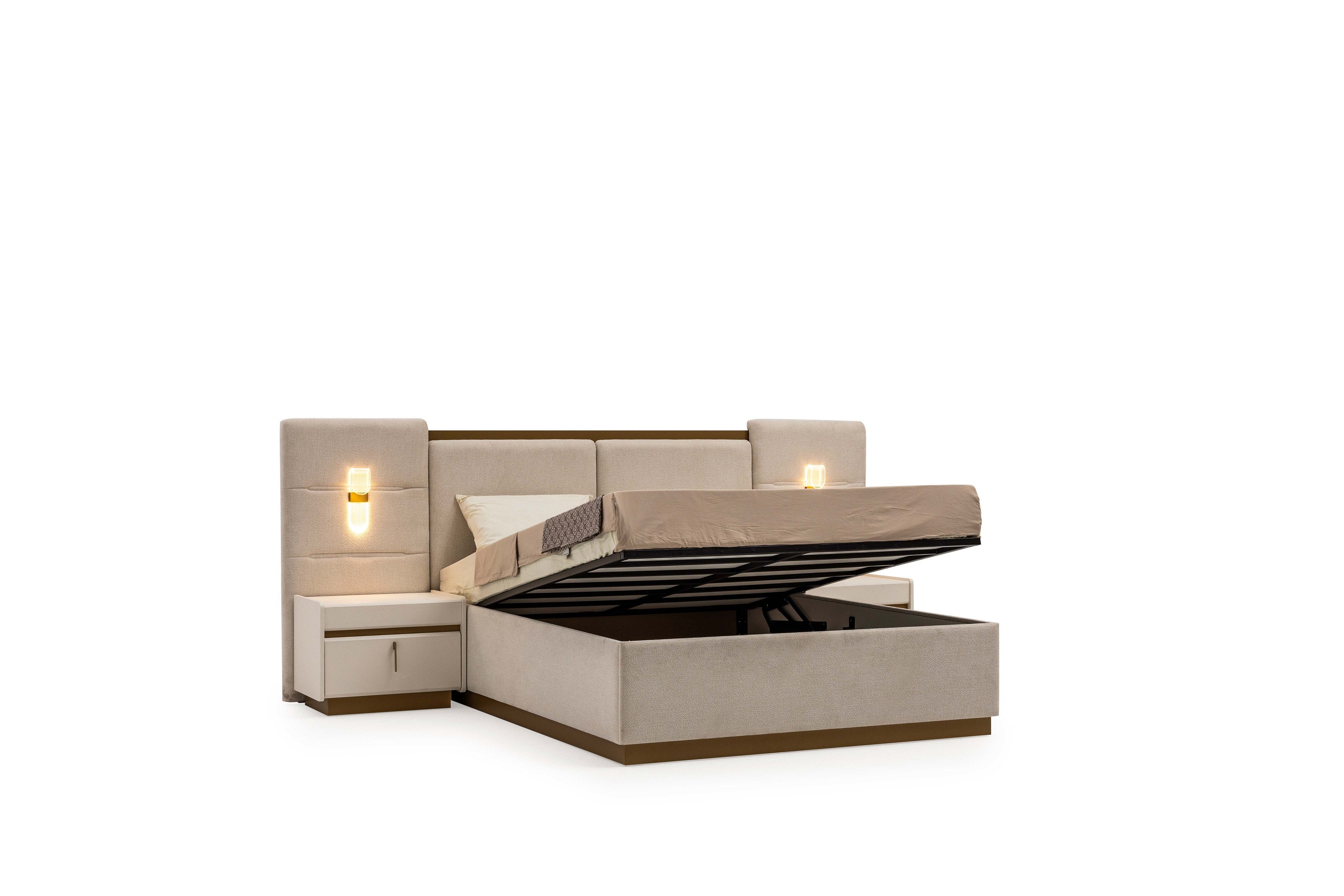 Тапицирано легло «Loren» + табла с осветление - с място за съхранение, повдигащ механизъм