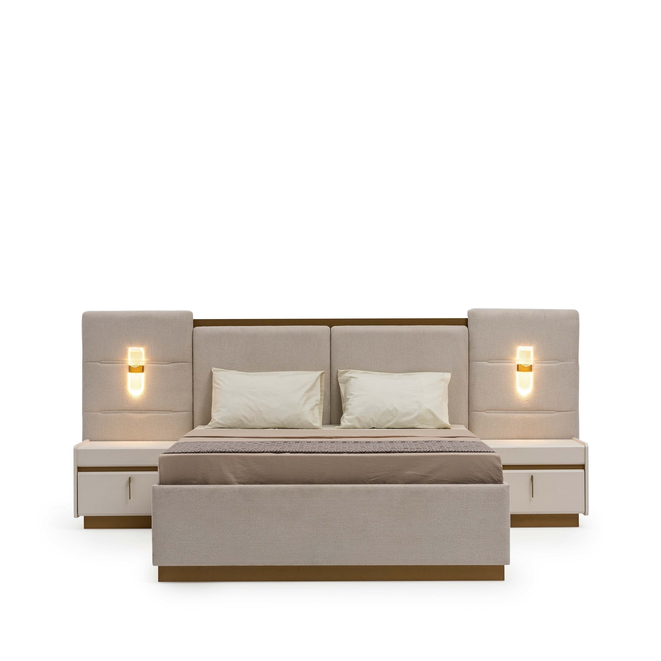 Тапицирано легло «Loren» + табла с осветление - с място за съхранение, повдигащ механизъм