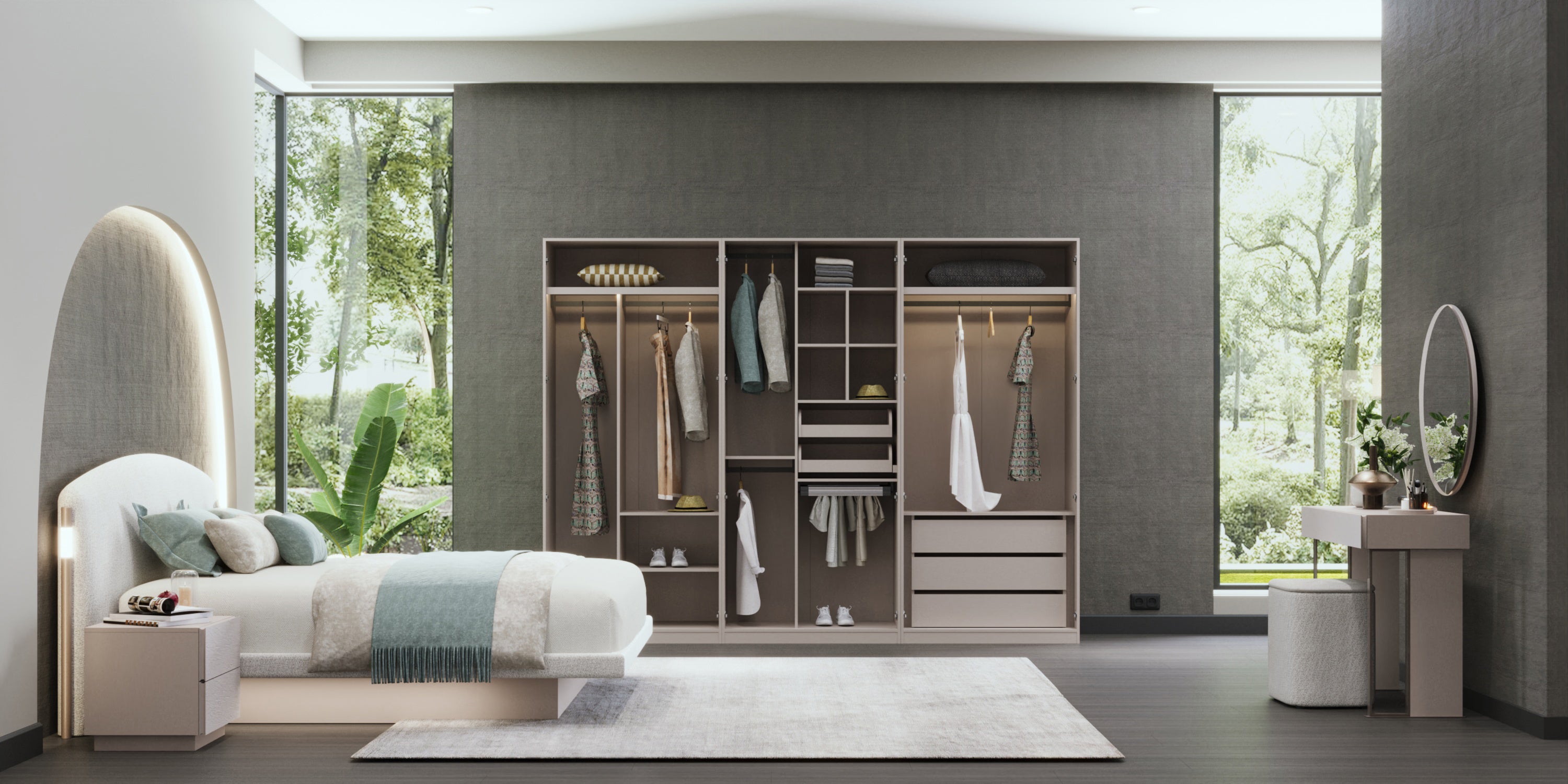 Модулен гардероб «Kasmir» - 5 модула, с осветление, стъклени врати