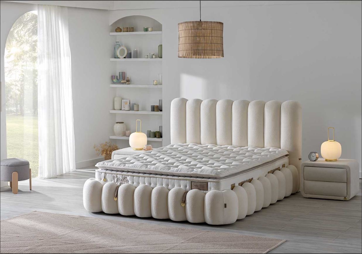 Тапицирано легло «Vanilla Dream Loop» + Матрак и табла - с място за съхранение, матрак с естествен памук