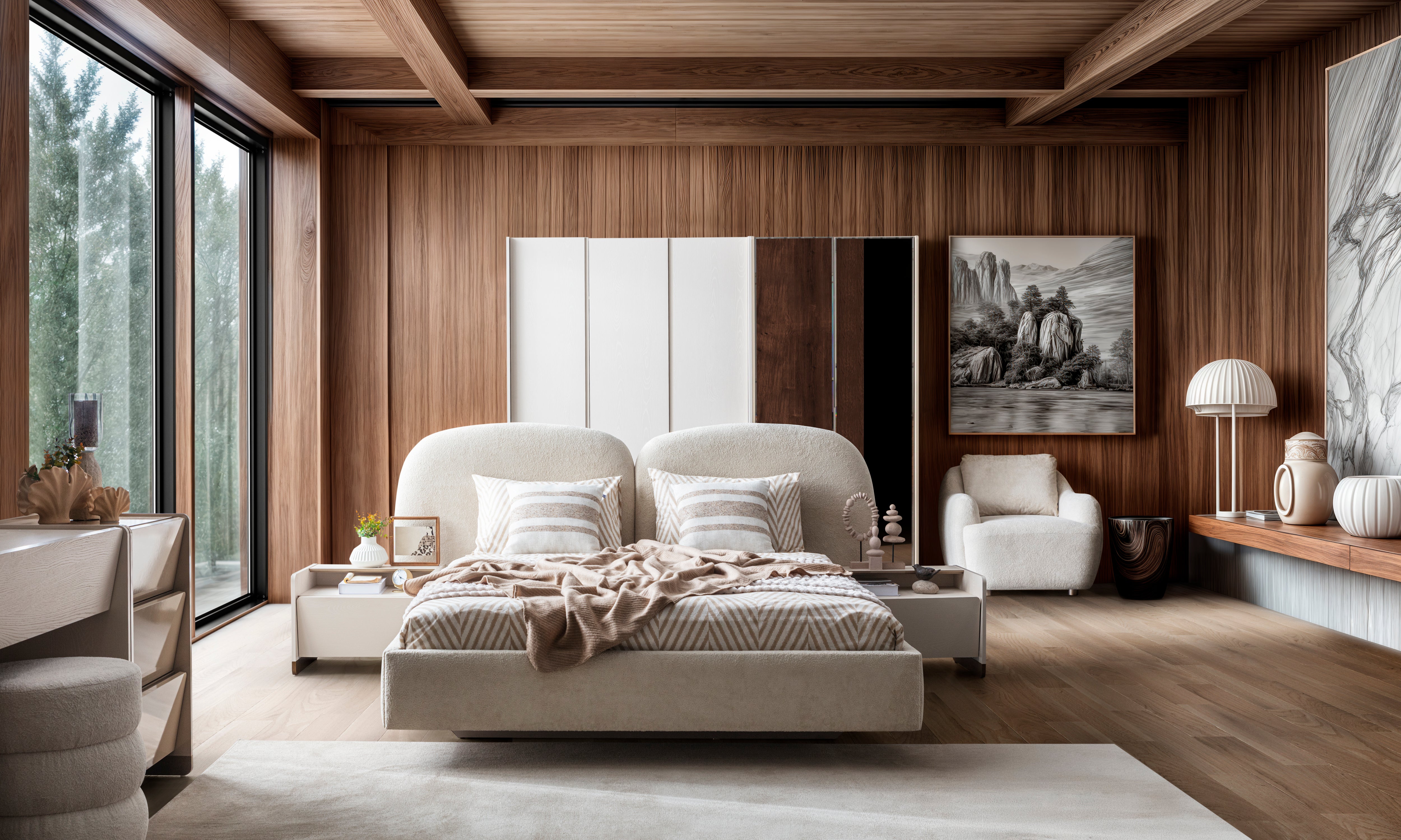 Тапицирано легло «Japandi» с място за съхранение, повдигащ механизъм