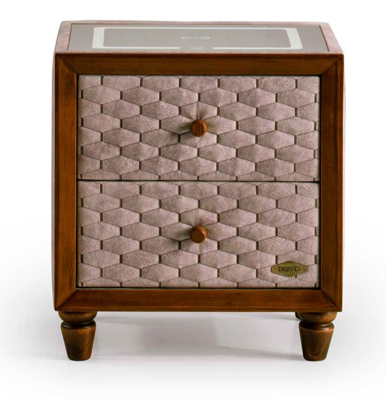 Тапицирано нощно шкафче «Magnasand» + две чекмеджета, с LED осветление, с музикална система и USB зарядна станция, размер 52х59х43см