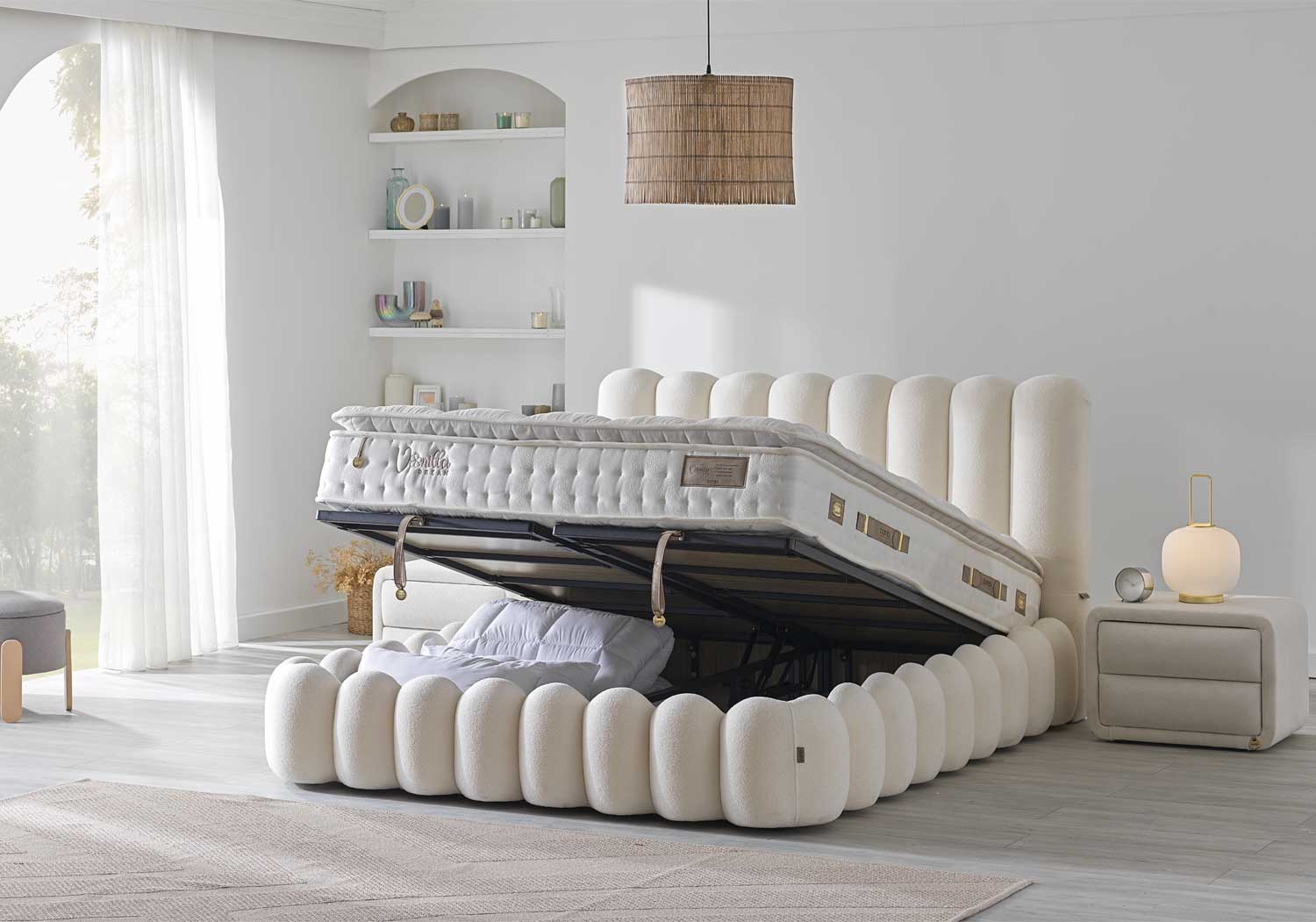 Тапицирана основа за легло «Vanilla Dream Loop» с място за съхранение, повдигащ механизъм, система за безшумно затваряне