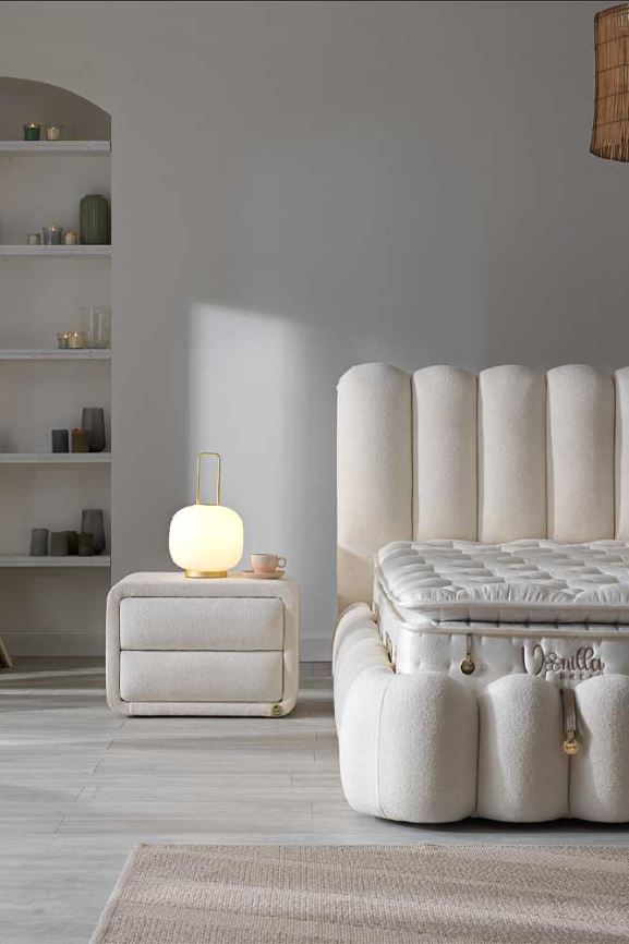 Тапицирано легло «Vanilla Dream Loop» + Матрак и табла - с място за съхранение, матрак с естествен памук