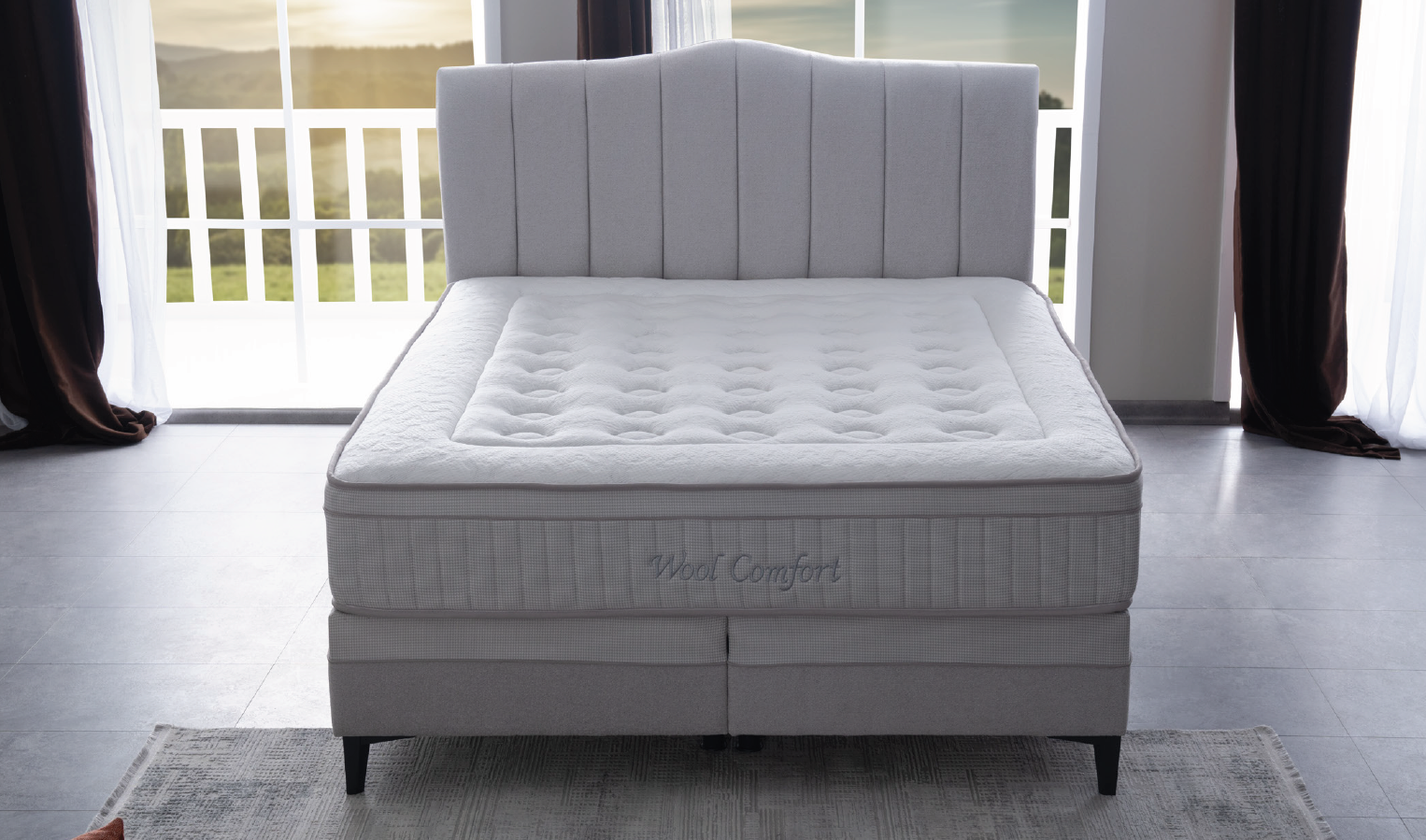 Тапицирано легло «Wool Comfort» + Матрак и табла - с място за съхранение, повдигащ механизъм, система за безшумно затваряне