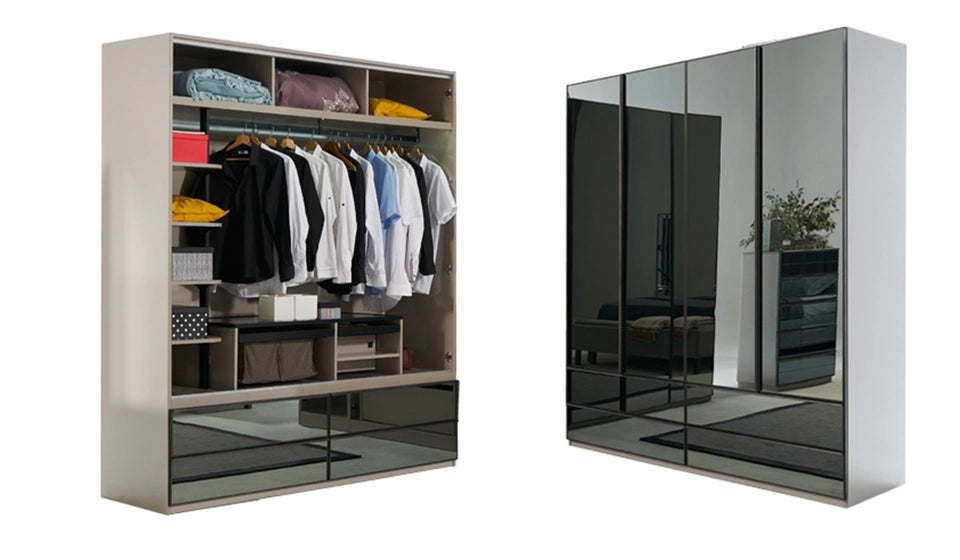 Четирикрилен гардероб «Oylat» стъклени врати - акордеон, + 4 чекмеджета, ширина 200см