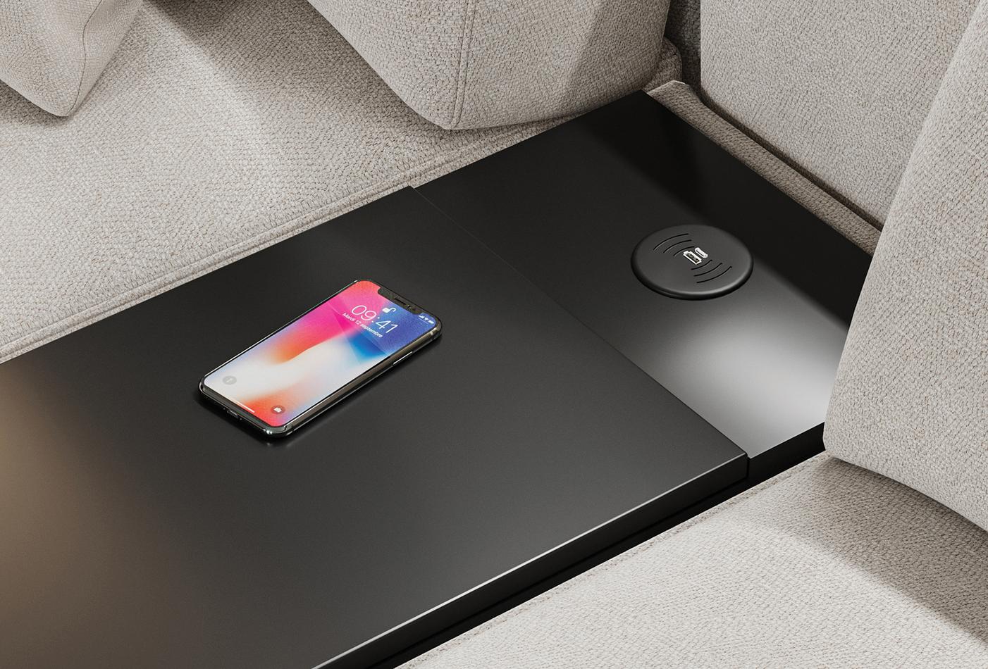 4 готови конфигурации на модулен диван «Parma» + конзола с масичка и USB зарядна станция