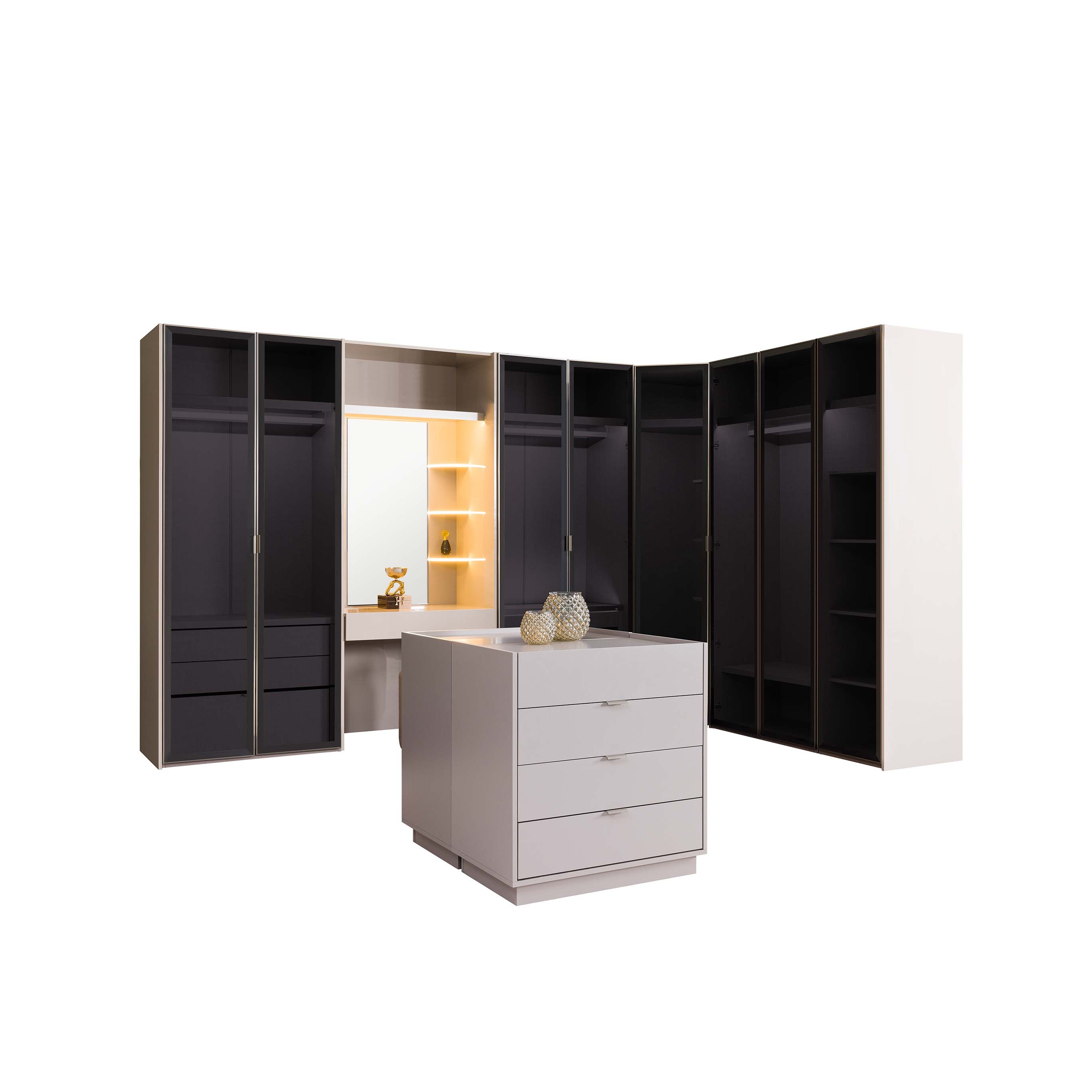 Модулен гардероб «Puzzle» - 8 модула, 10 модела врати, с осветление, стъклени, МДФ, ПДЧ, огледални