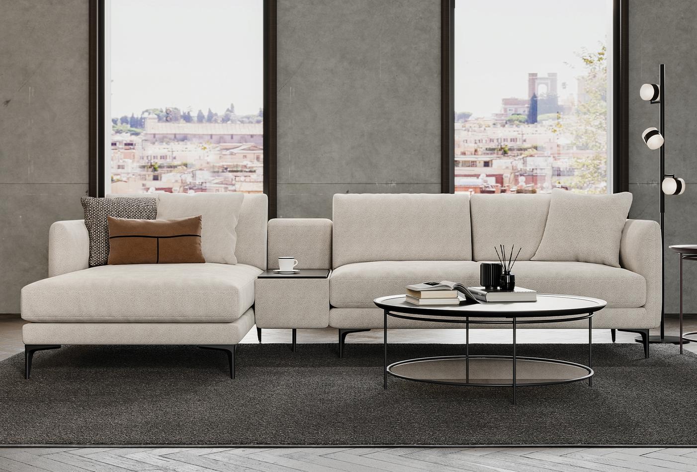 4 готови конфигурации на модулен диван «Parma» + конзола с масичка и USB зарядна станция