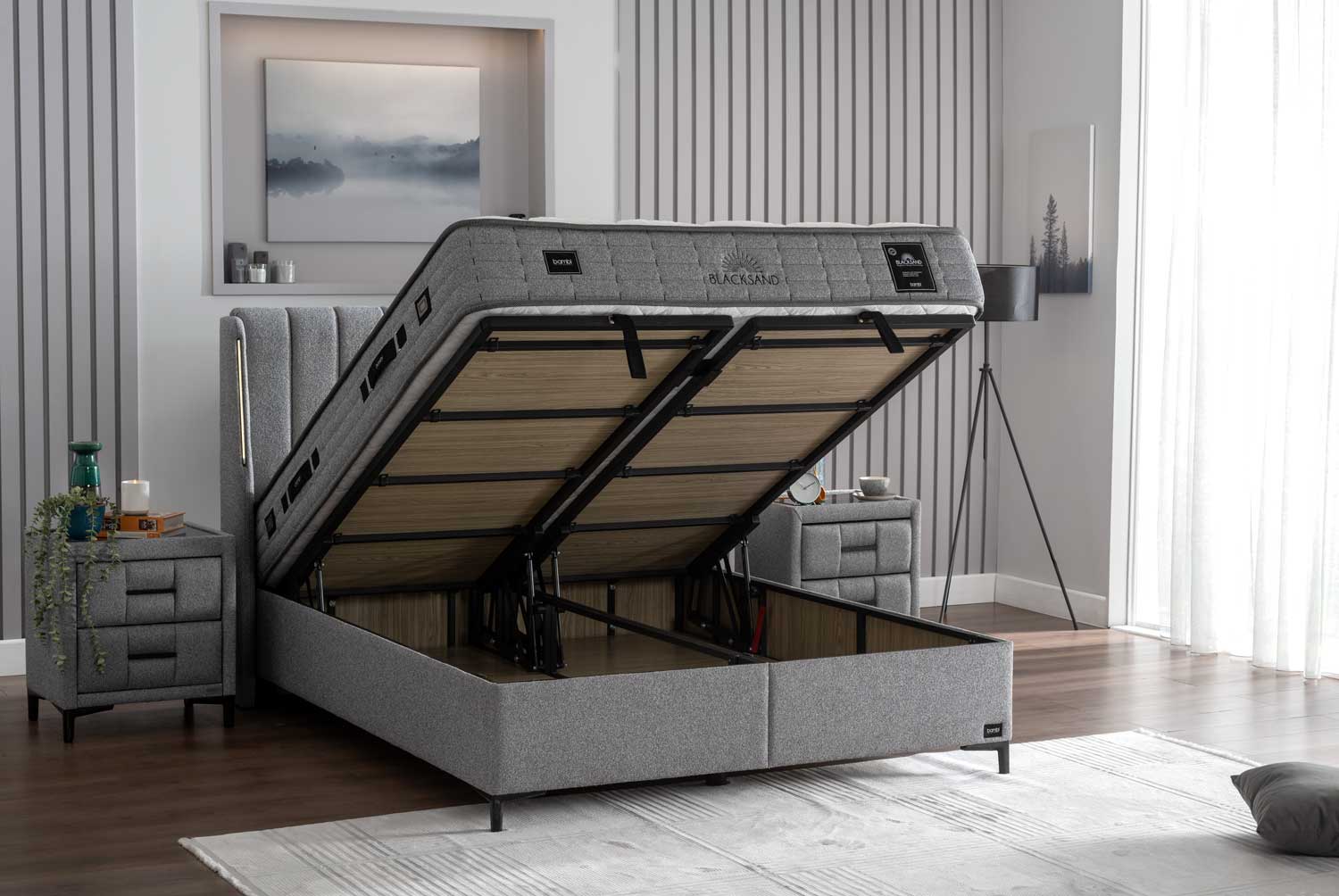 Тапицирана основа за легло «Blacksand» с място за съхранение, повдигащ механизъм, система за безшумно затваряне