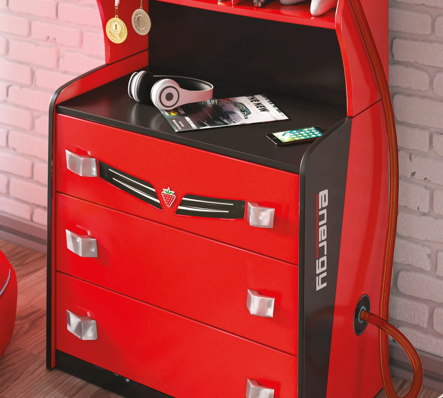 Скрин с бензиноколонка «Champion Racer Energy» с три чекмеджета и рафтове, размер 70х143х42см