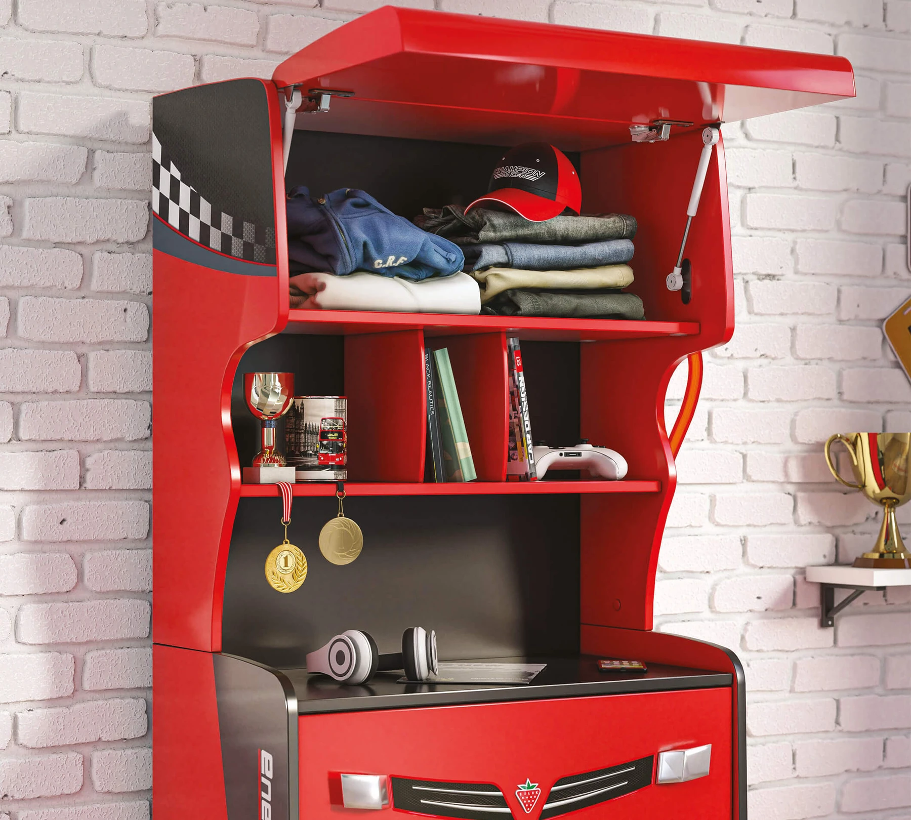 Скрин с бензиноколонка «Champion Racer Energy» с три чекмеджета и рафтове, размер 70х143х42см