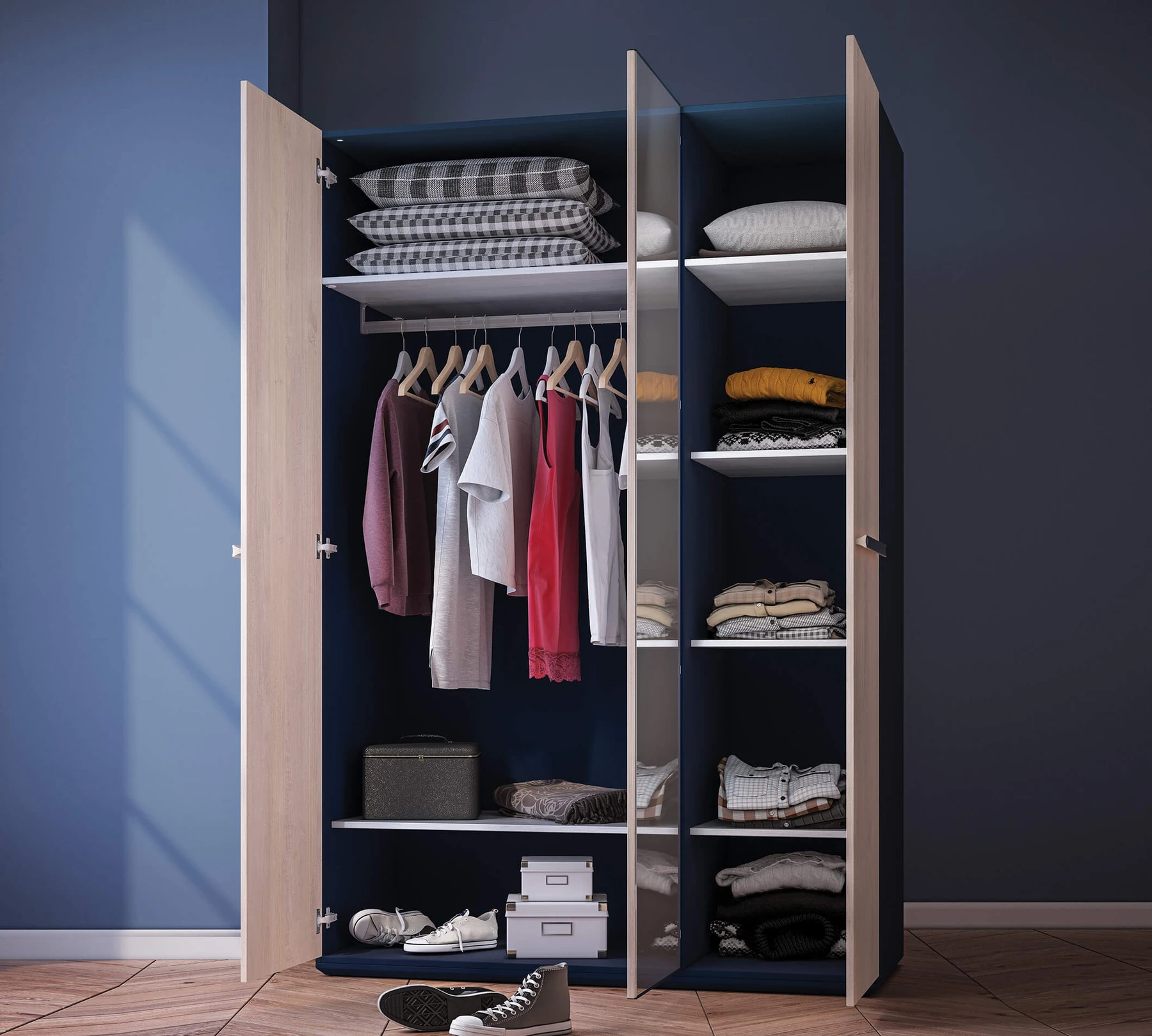 Трикрилен гардероб «Trio» с огледална врата, ширина 135см