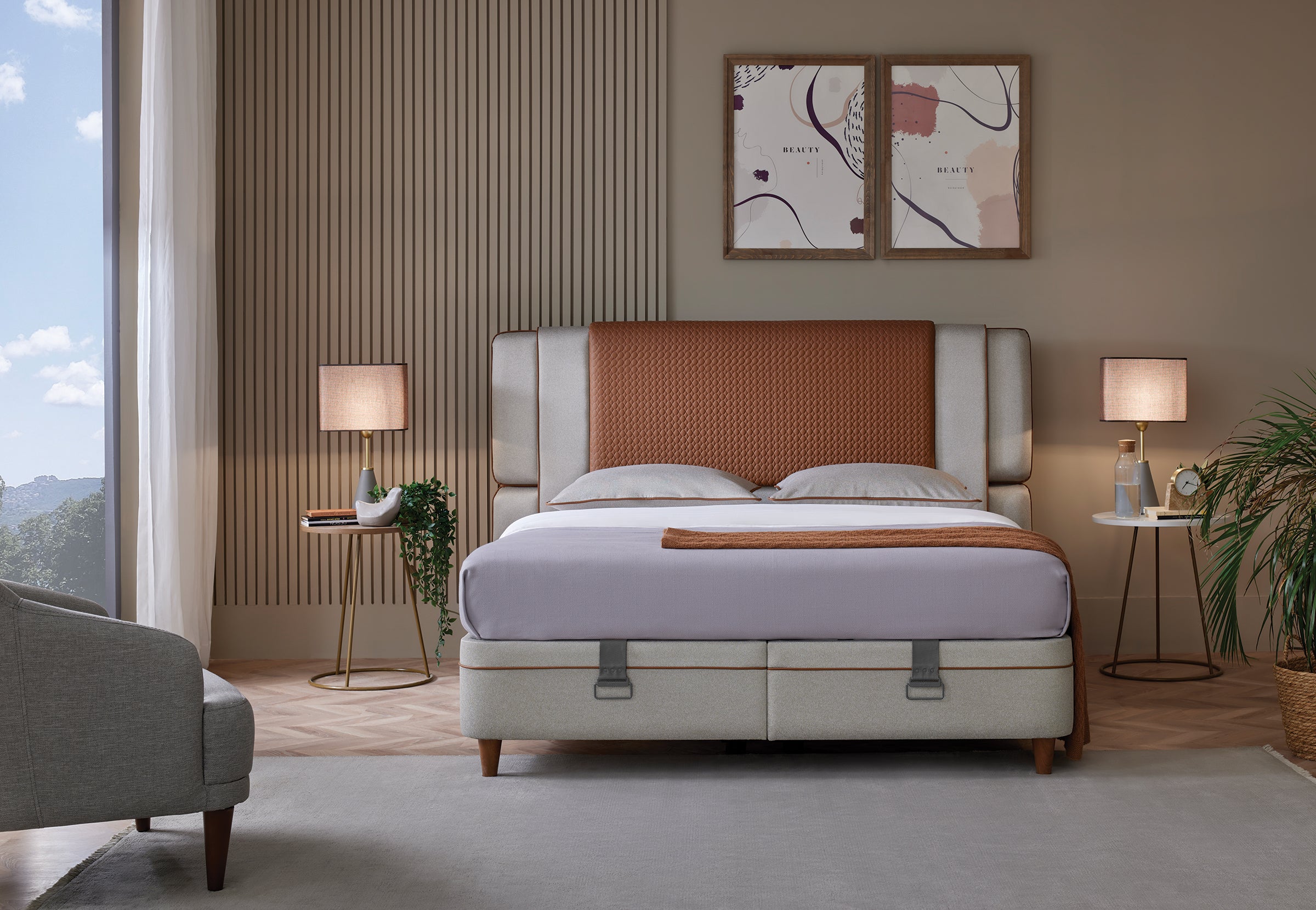 Тапицирано легло «Bamboo Pedic» + Матрак и табла - с място за съхранение, матрак с бамбукови влакна, с микрокапсули