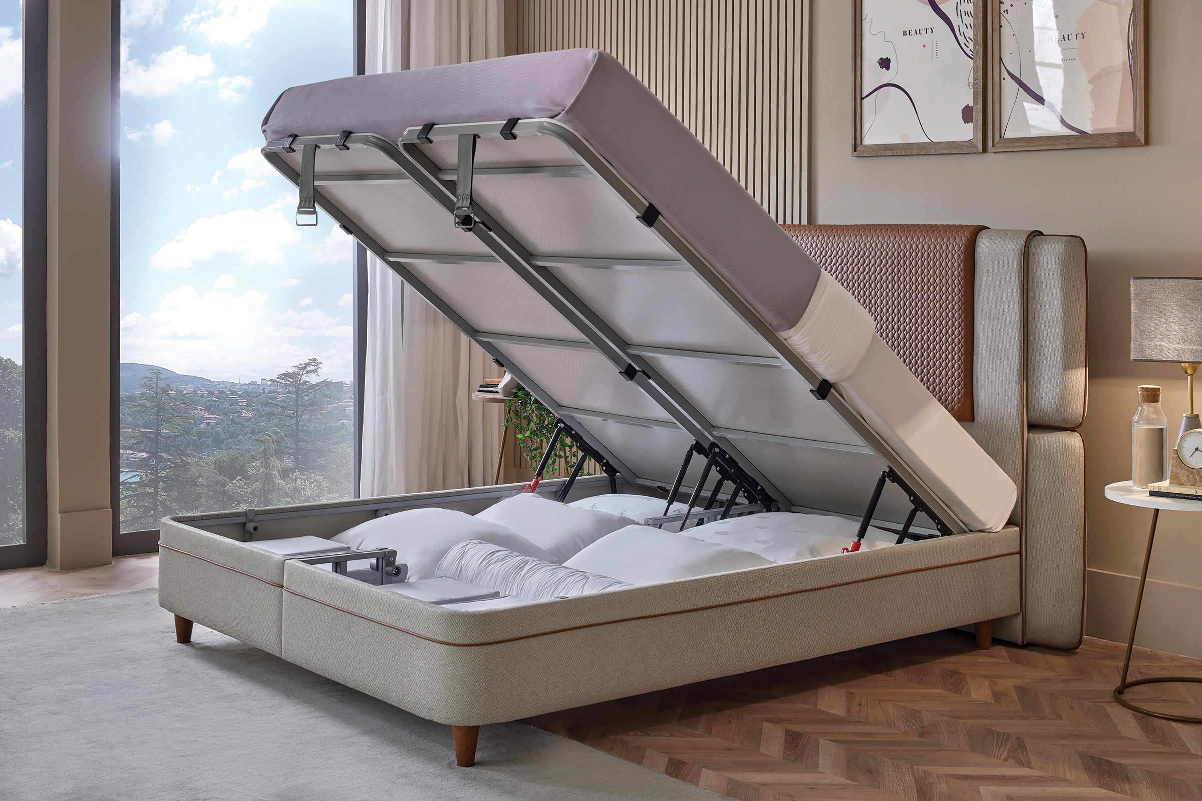 Тапицирано легло «Bamboo Pedic» + Матрак и табла - с място за съхранение, матрак с бамбукови влакна, с микрокапсули