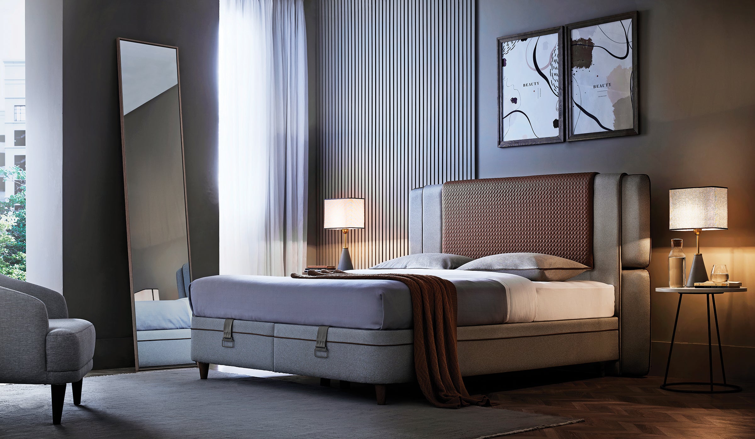 Тапицирано легло «Bamboo Pedic» + Матрак и табла - с място за съхранение, матрак с бамбукови влакна, с микрокапсули