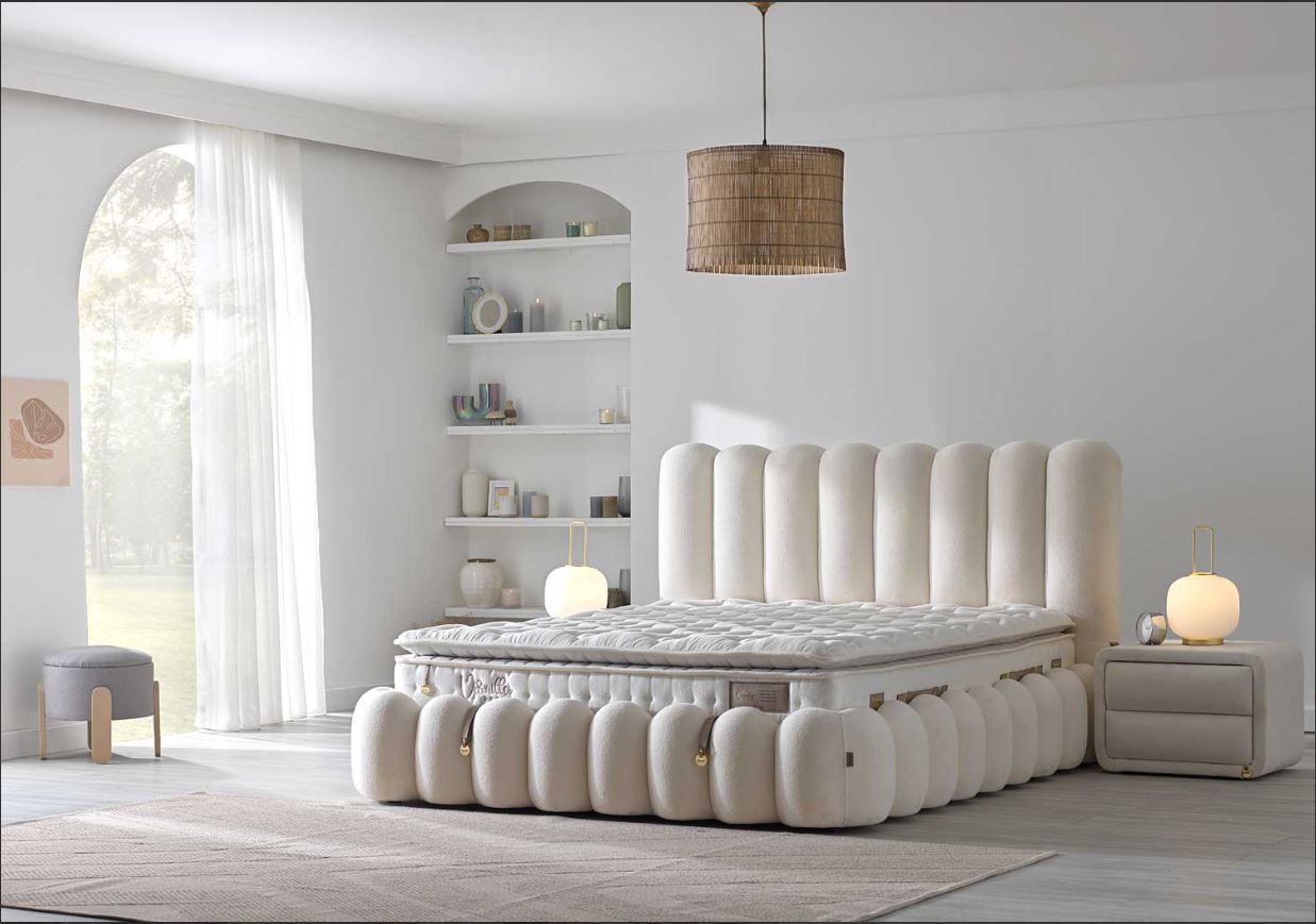 Тапицирано легло «Vanilla Dream Loop» + Матрак и табла - с място за съхранение, матрак с естествен памук
