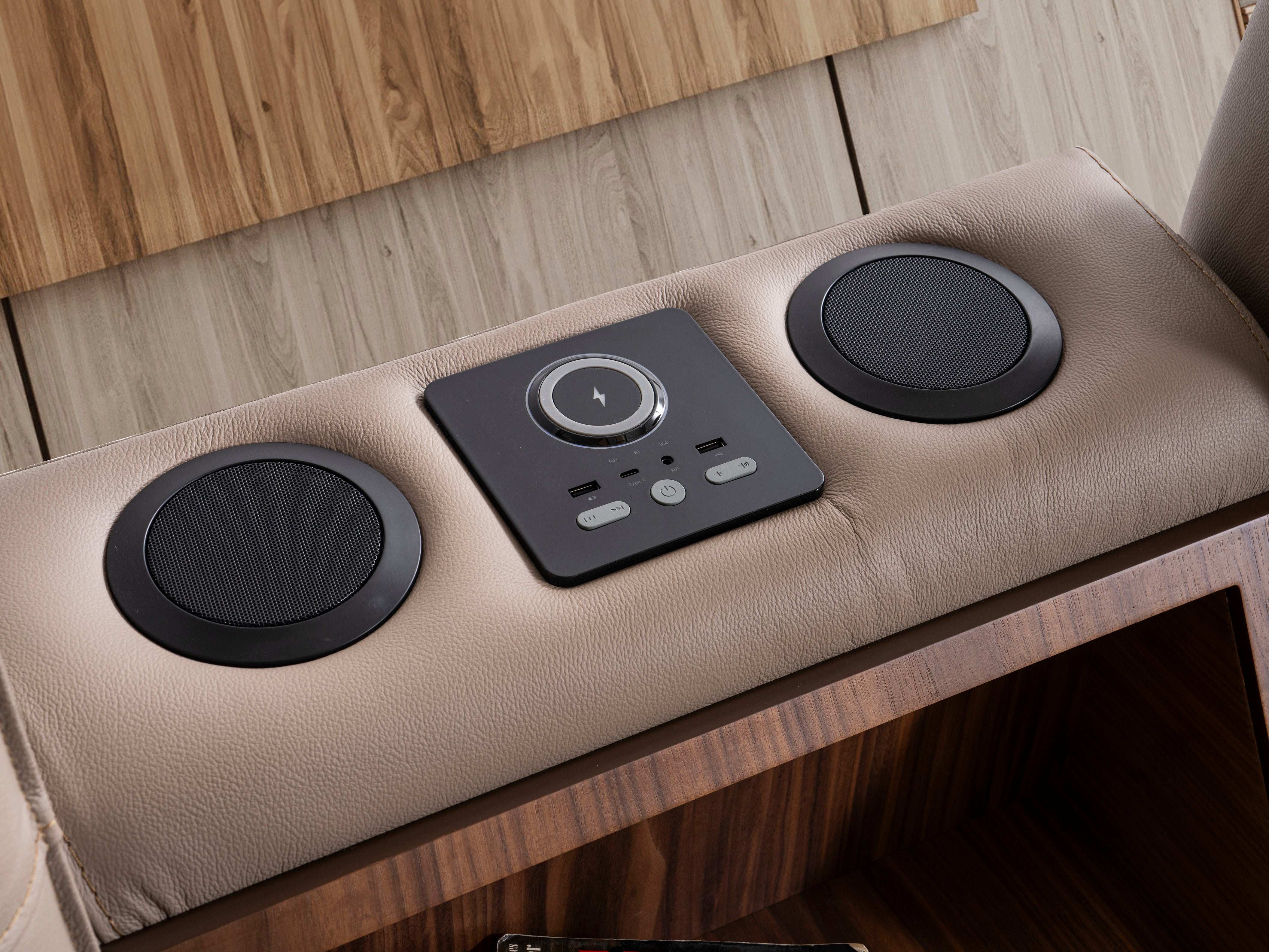 Двуместен диван «Perge» + електрически механизъм, USB зарядна станция, музикална конзола, ширина 270см