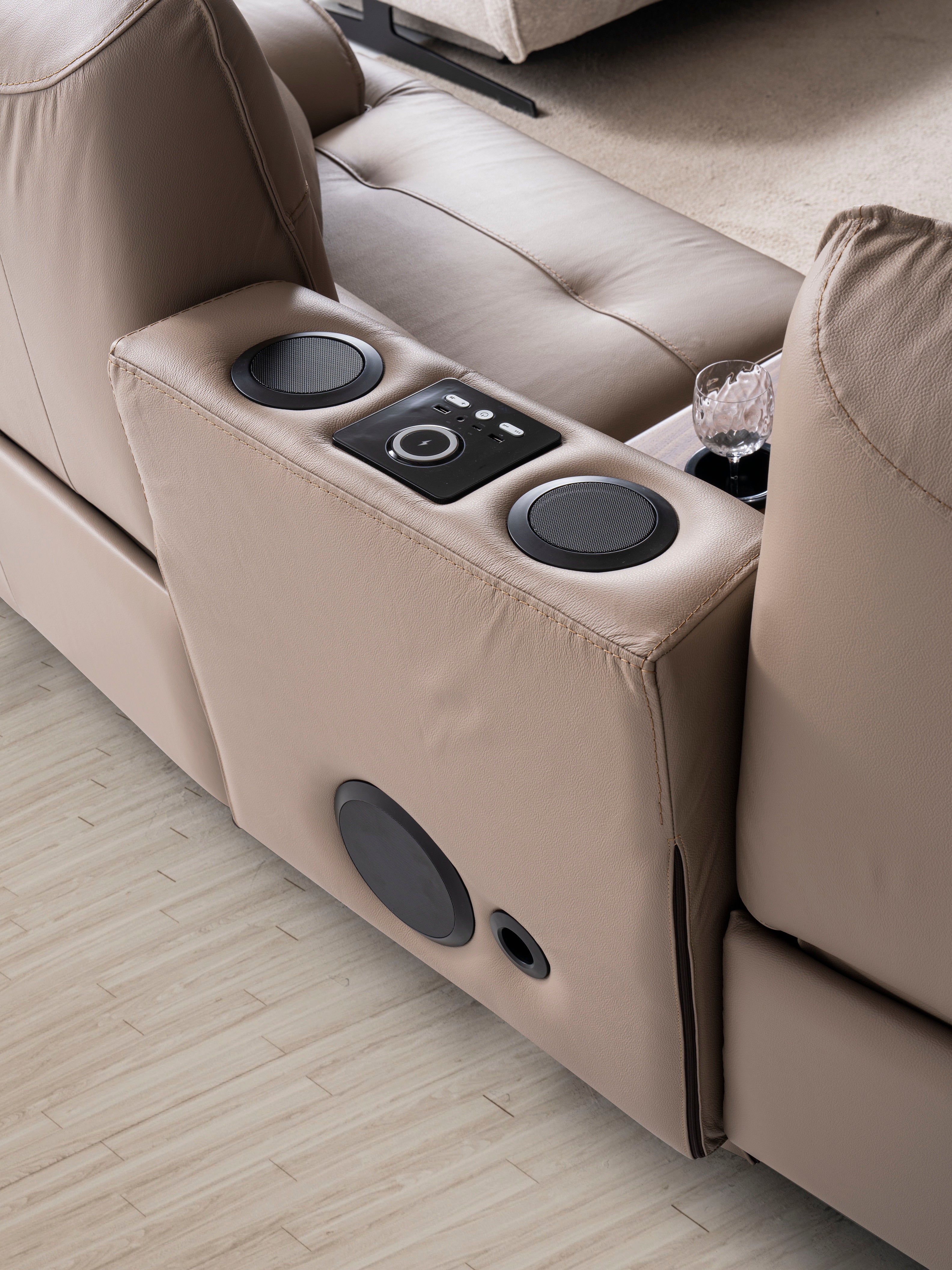 Двуместен диван «Perge» + електрически механизъм, USB зарядна станция, музикална конзола, ширина 270см