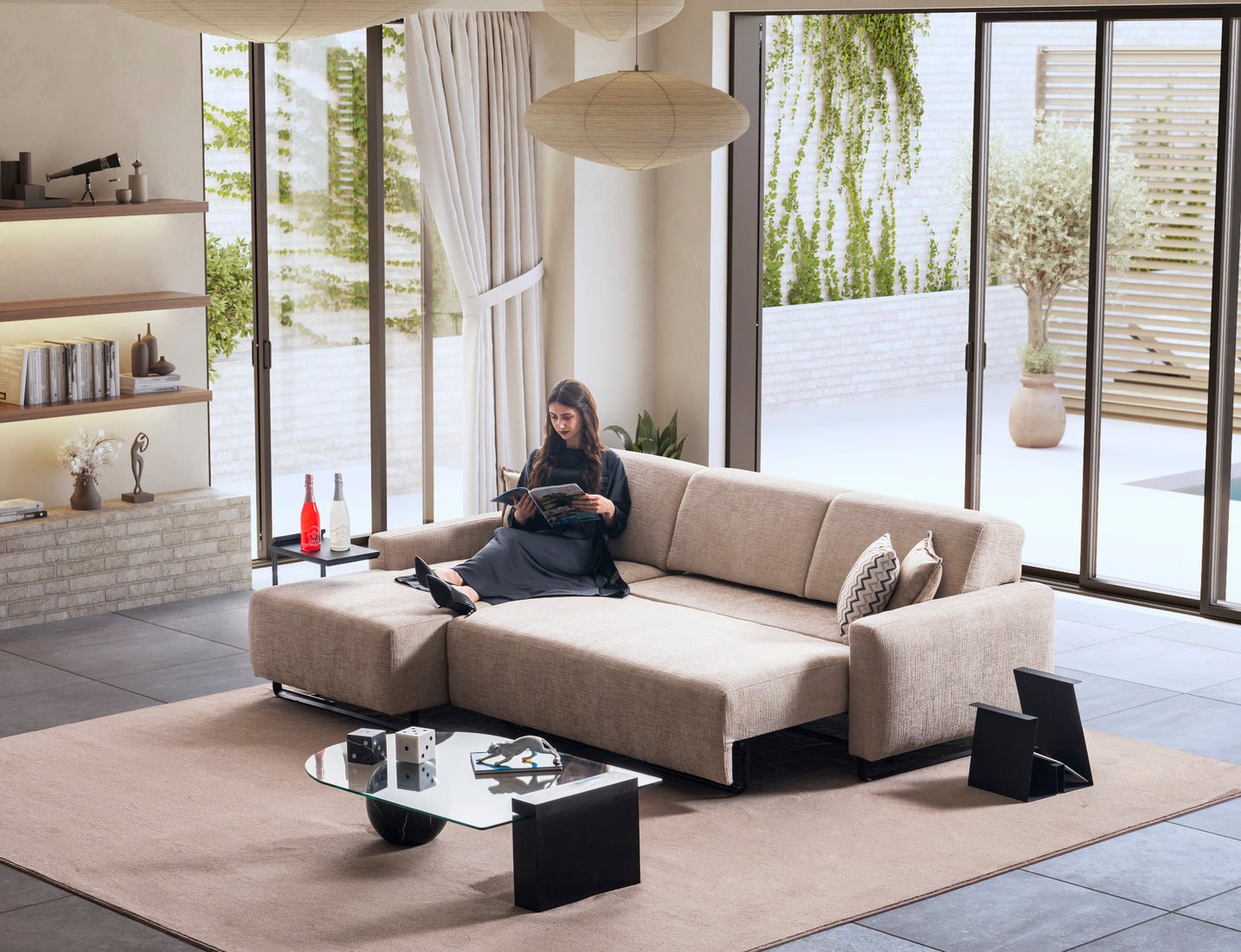 Ъглов разтегателен диван - легло «Kalyon» + електрически механизъм и USB зарядна станция, ширина 270 или 290см