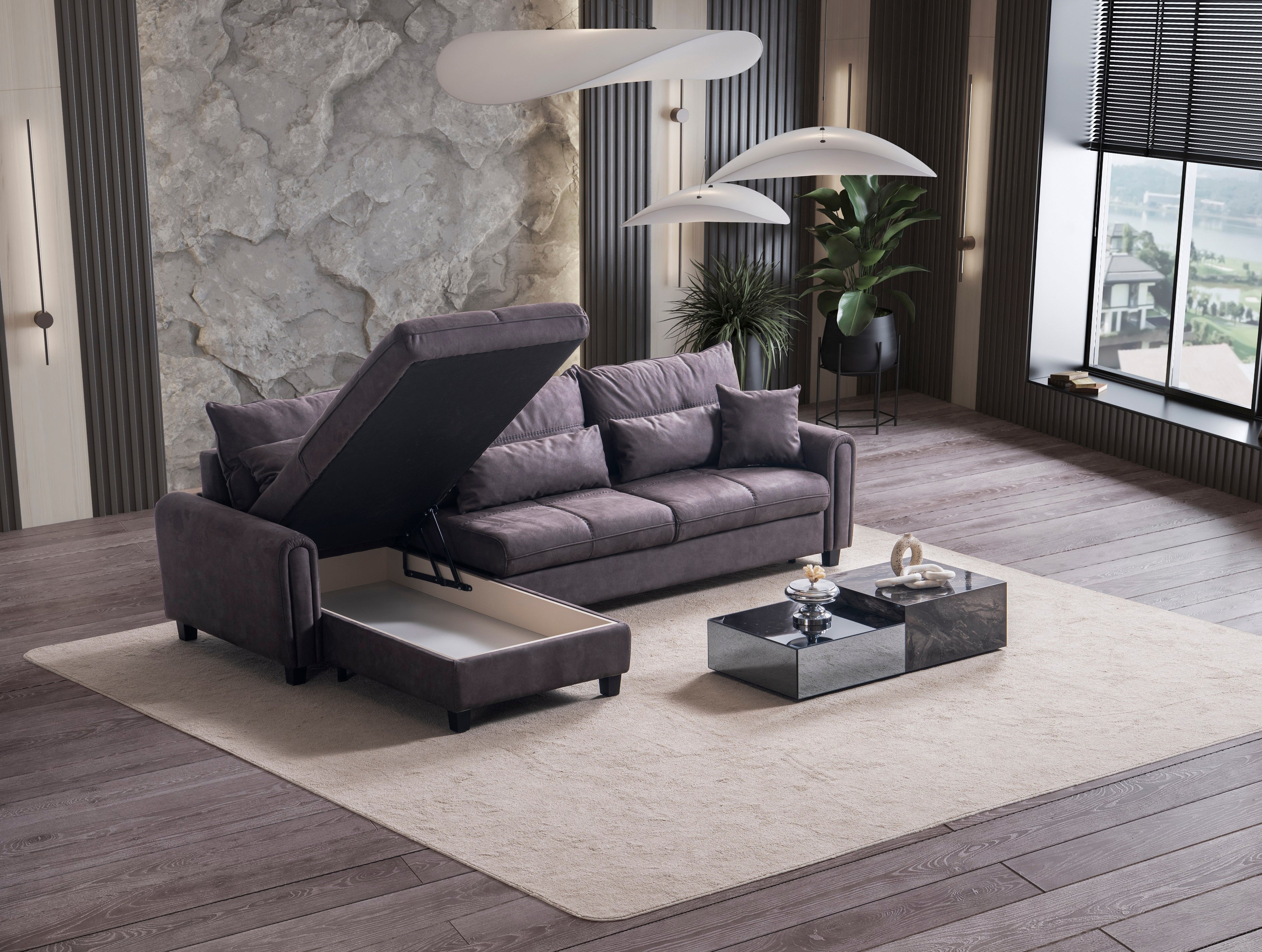 Ъглов разтегателен диван - легло «Sedir Relax» + пет декоративни възглавници, място за съхранение, ширина 255 или 295см