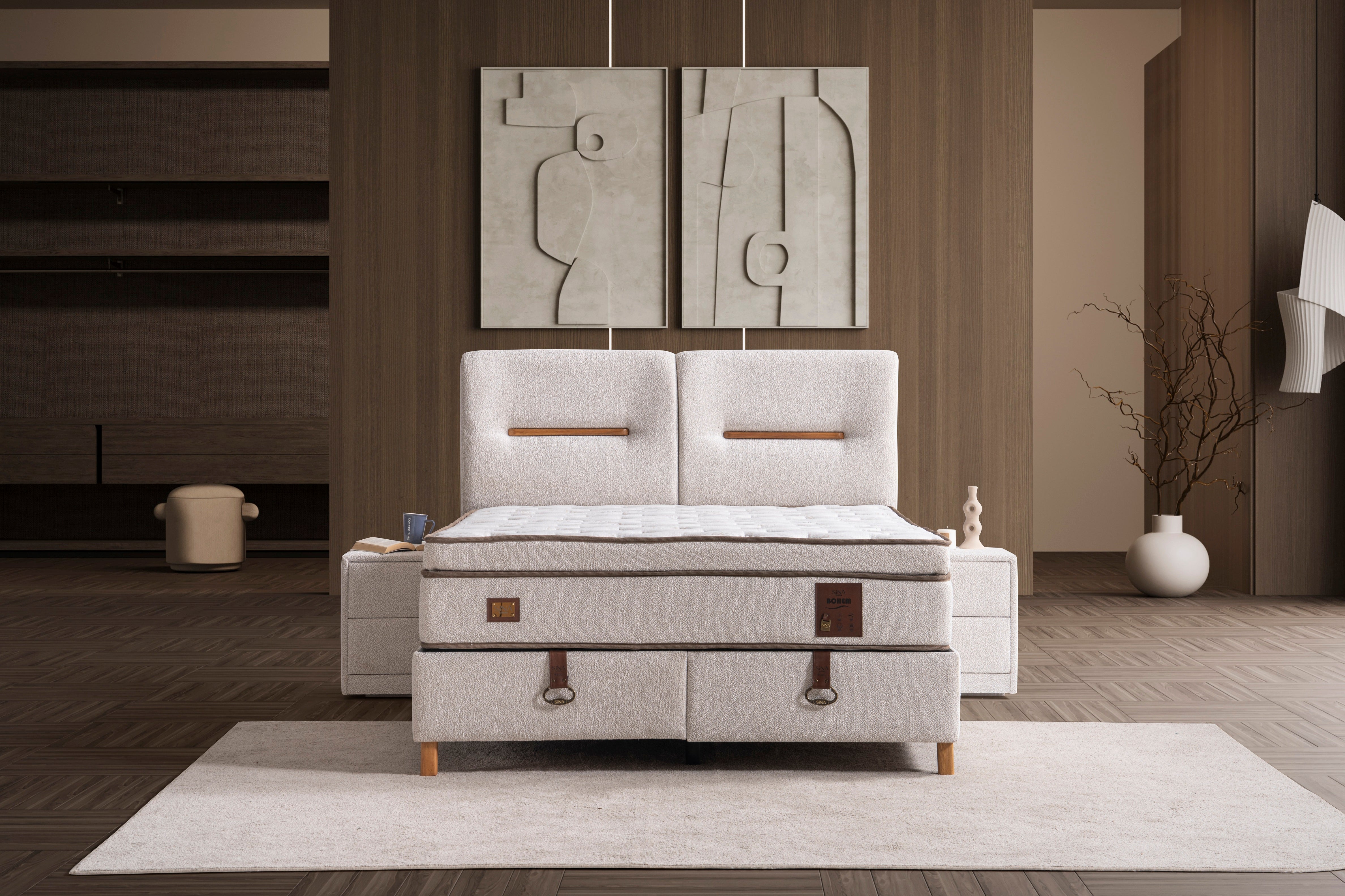 Тапицирано легло «Bohem» + Матрак и табла - с място за съхранение, повдигащ механизъм, система за безшумно затваряне