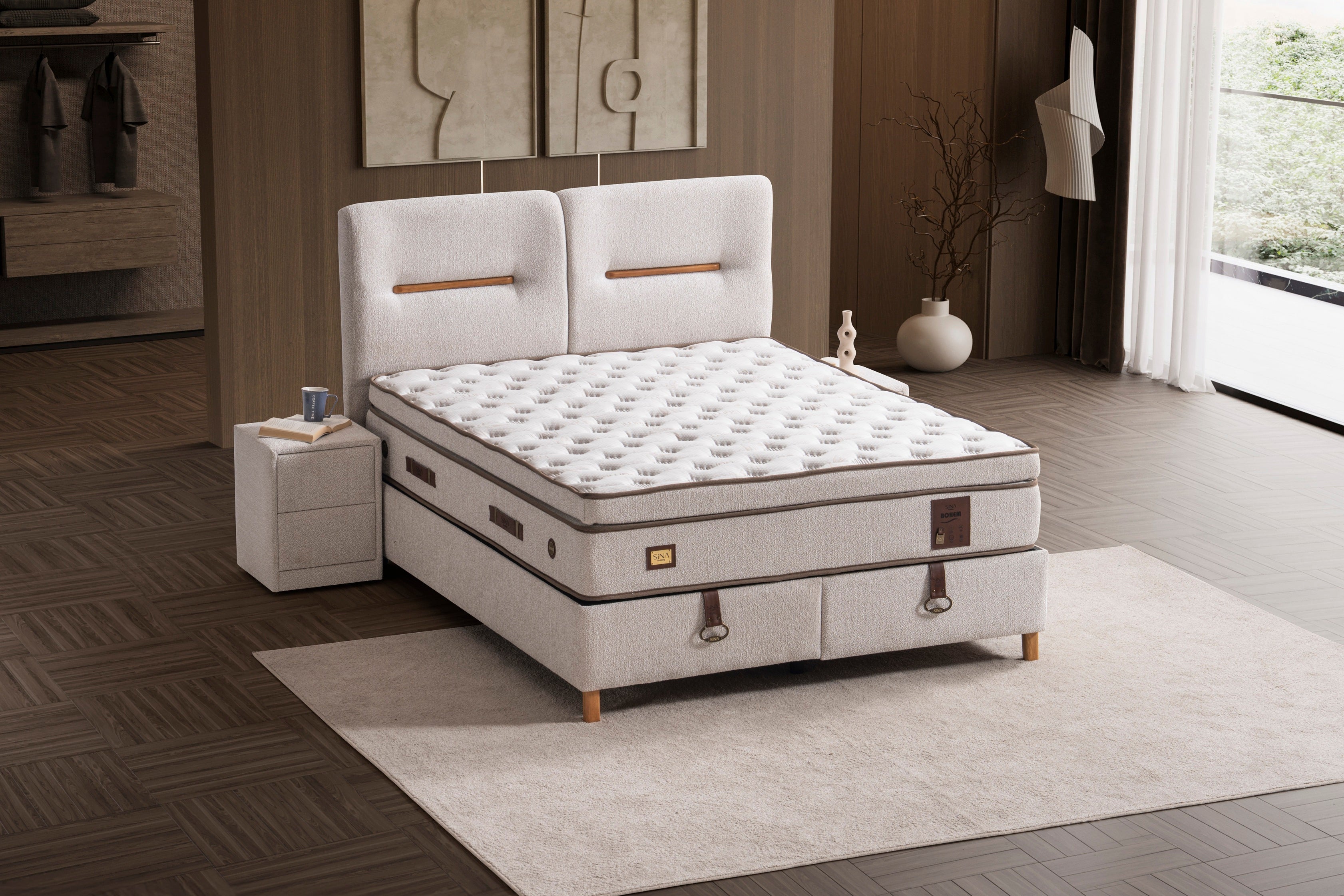 Тапицирано легло «Bohem» + Матрак и табла - с място за съхранение, повдигащ механизъм, система за безшумно затваряне