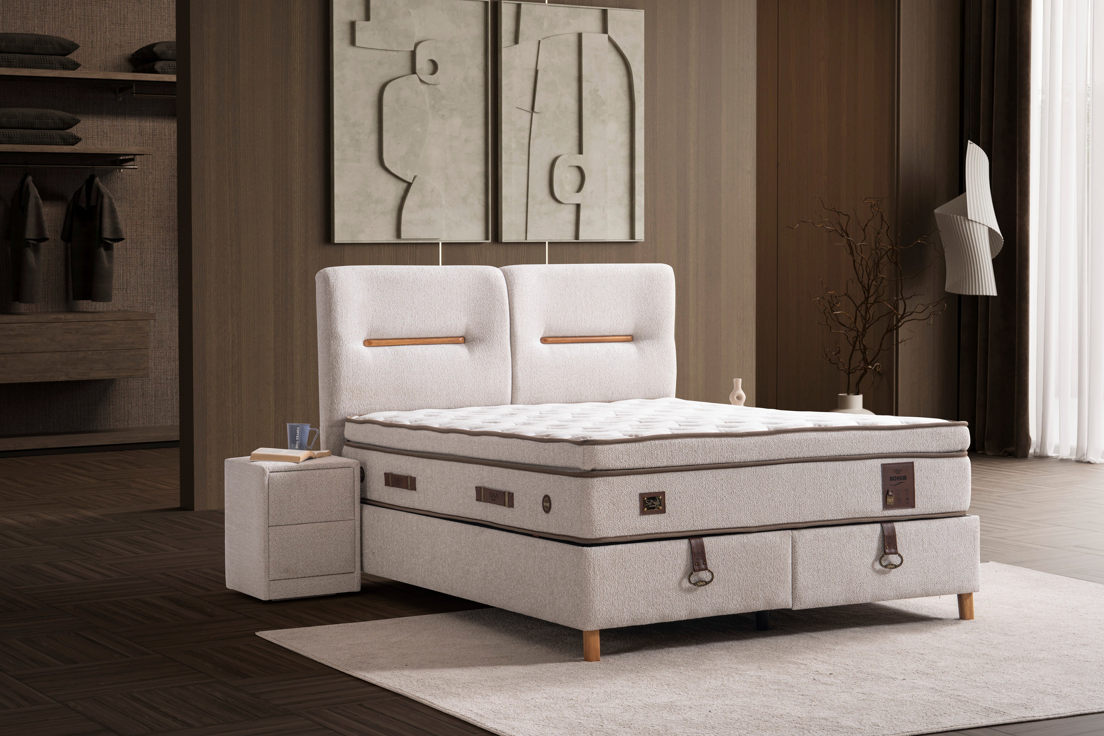 Тапицирано легло «Bohem» + Матрак и табла - с място за съхранение, повдигащ механизъм, система за безшумно затваряне