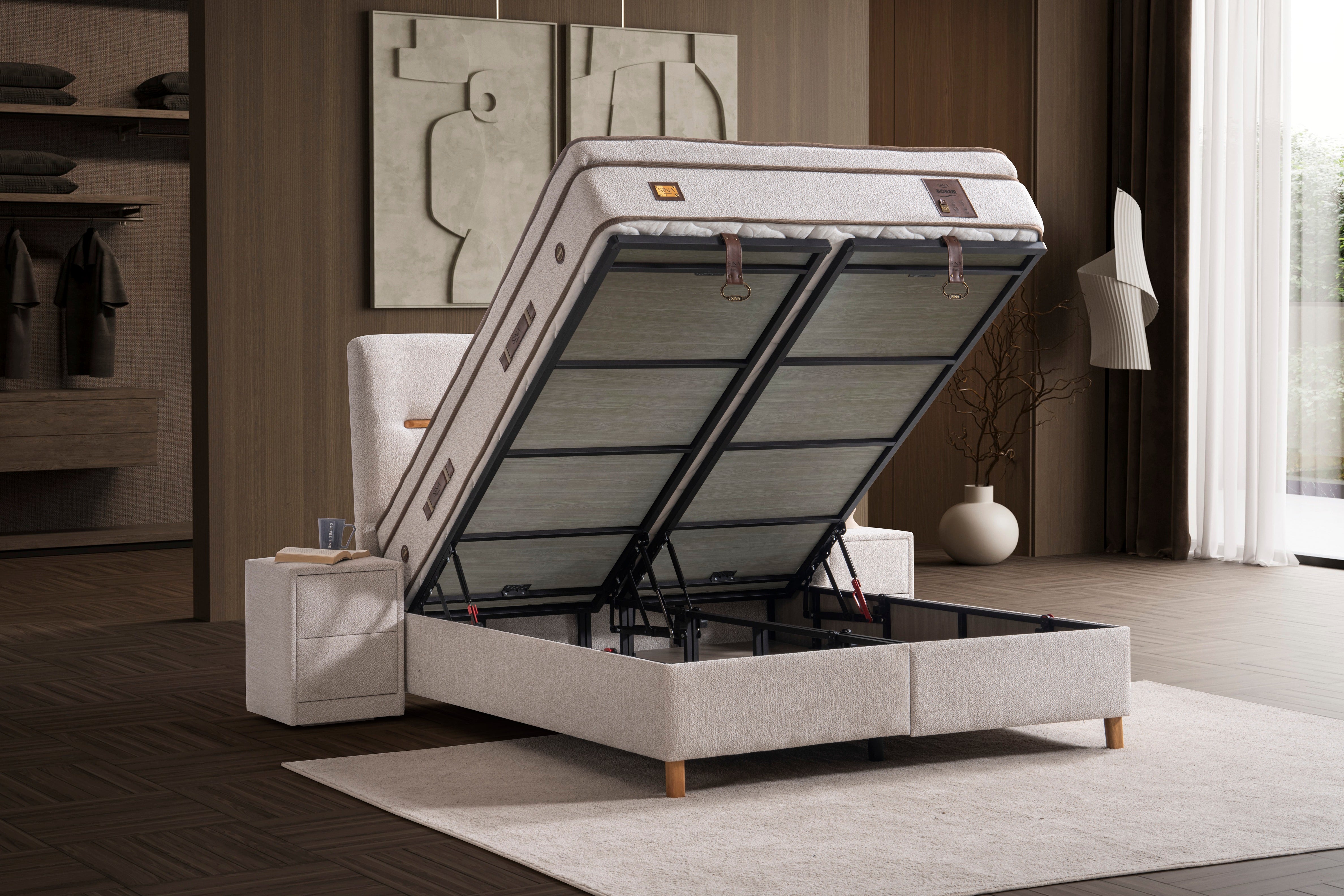 Тапицирано легло «Bohem» + Матрак и табла - с място за съхранение, повдигащ механизъм, система за безшумно затваряне