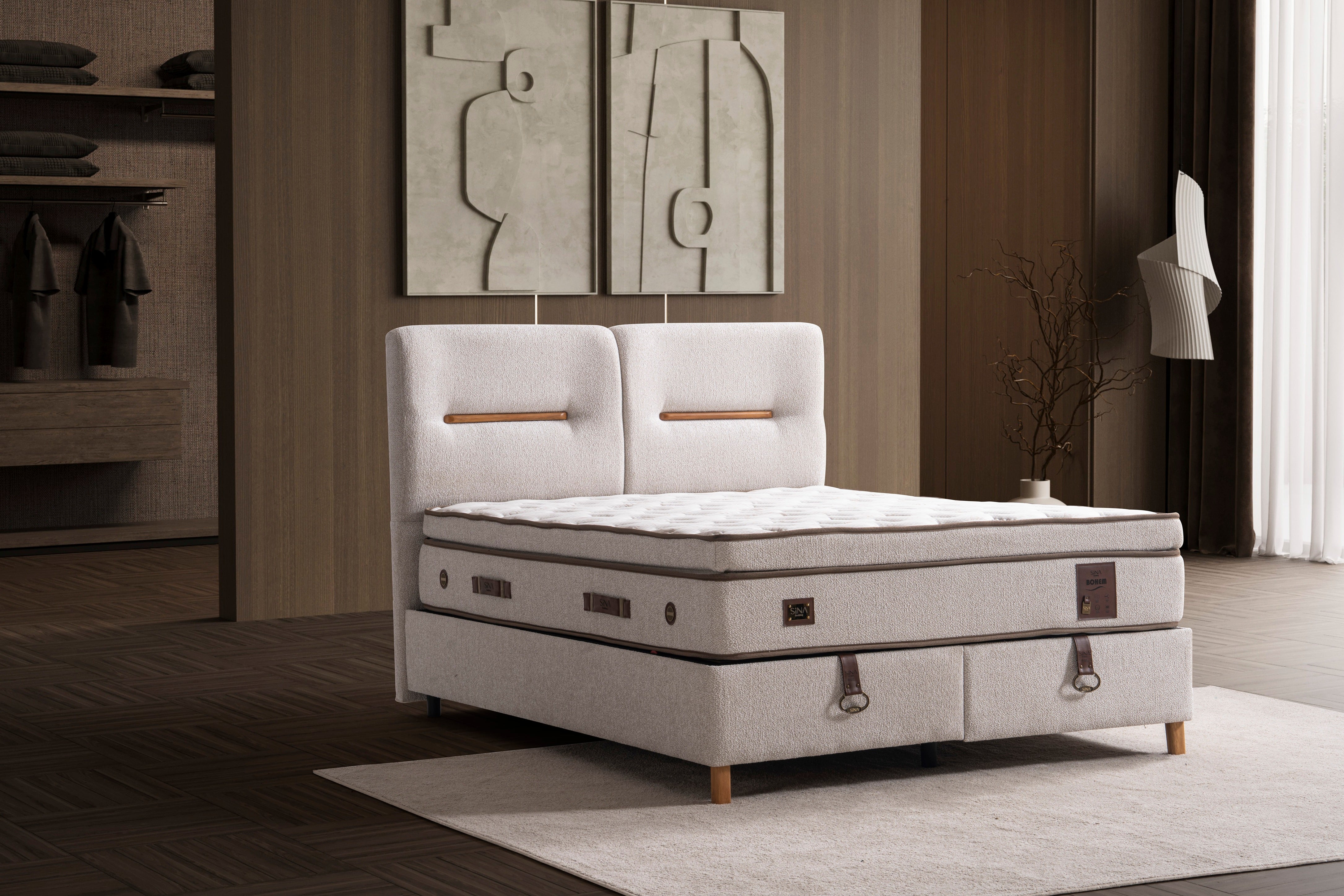 Тапицирано легло «Bohem» + Матрак и табла - с място за съхранение, повдигащ механизъм, система за безшумно затваряне