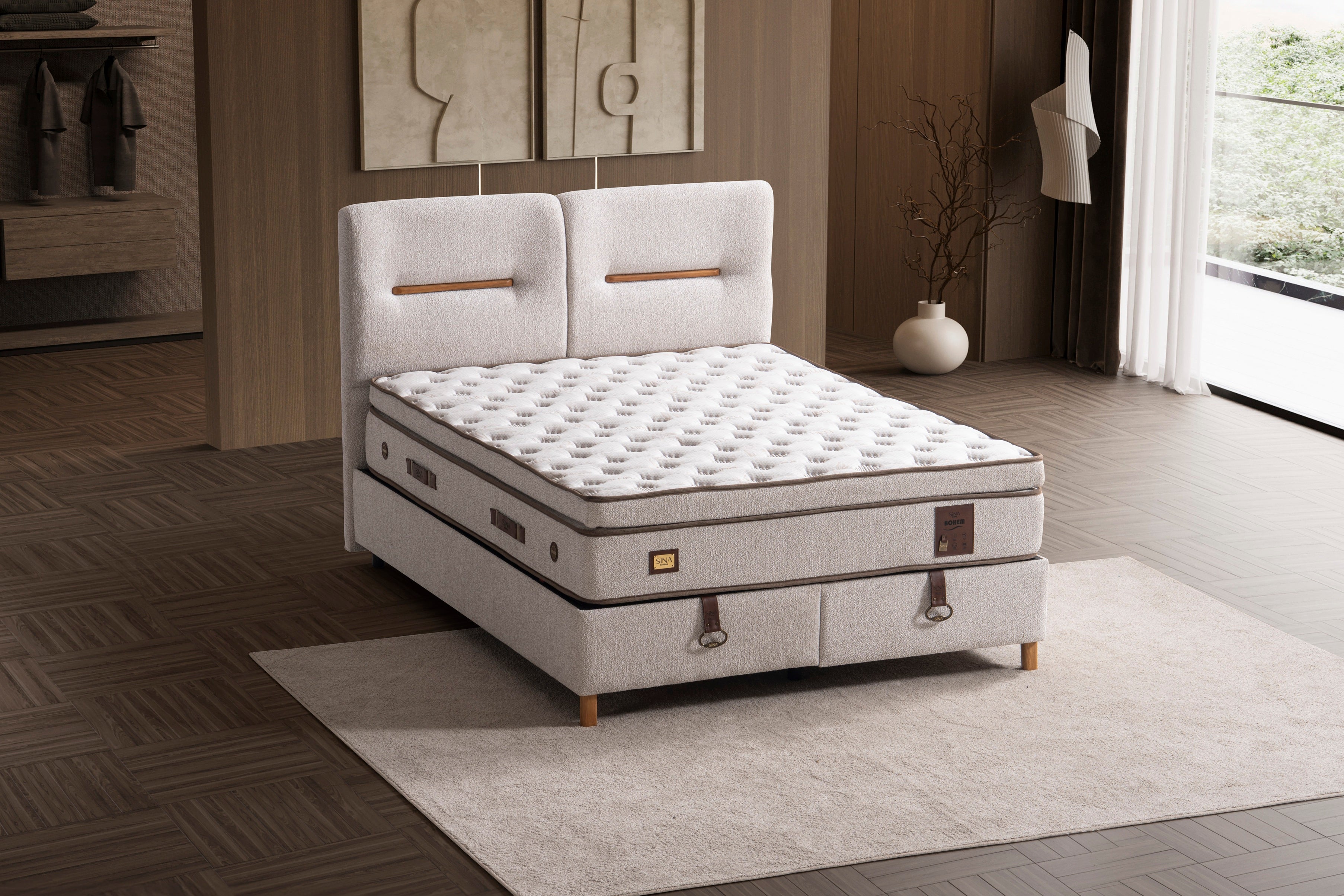 Тапицирано легло «Bohem» + Матрак и табла - с място за съхранение, повдигащ механизъм, система за безшумно затваряне