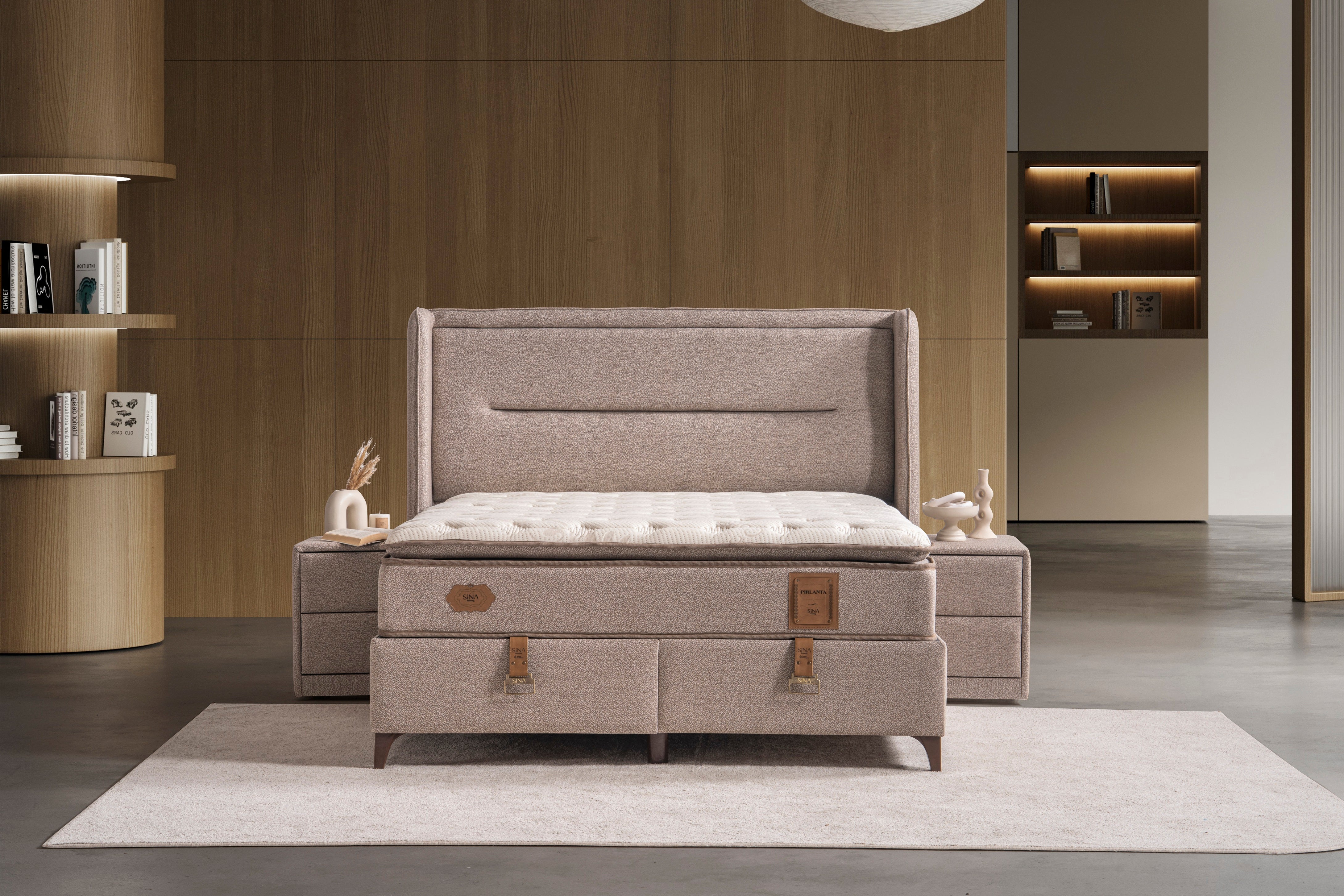 Тапицирано легло «Pirlanta» + Матрак и табла - с място за съхранение, повдигащ механизъм, система за безшумно затваряне