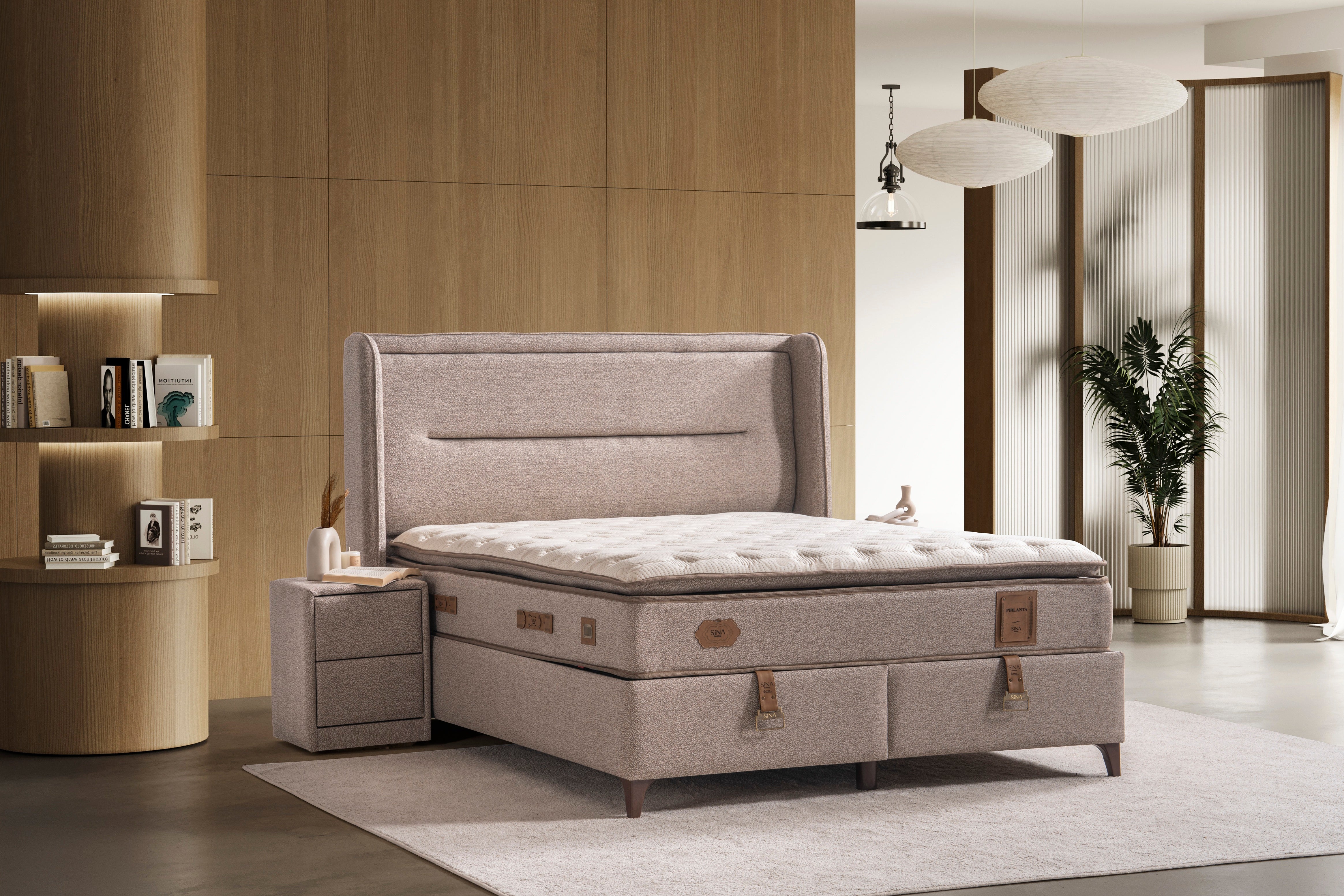 Тапицирано легло «Pirlanta» + Матрак и табла - с място за съхранение, повдигащ механизъм, система за безшумно затваряне