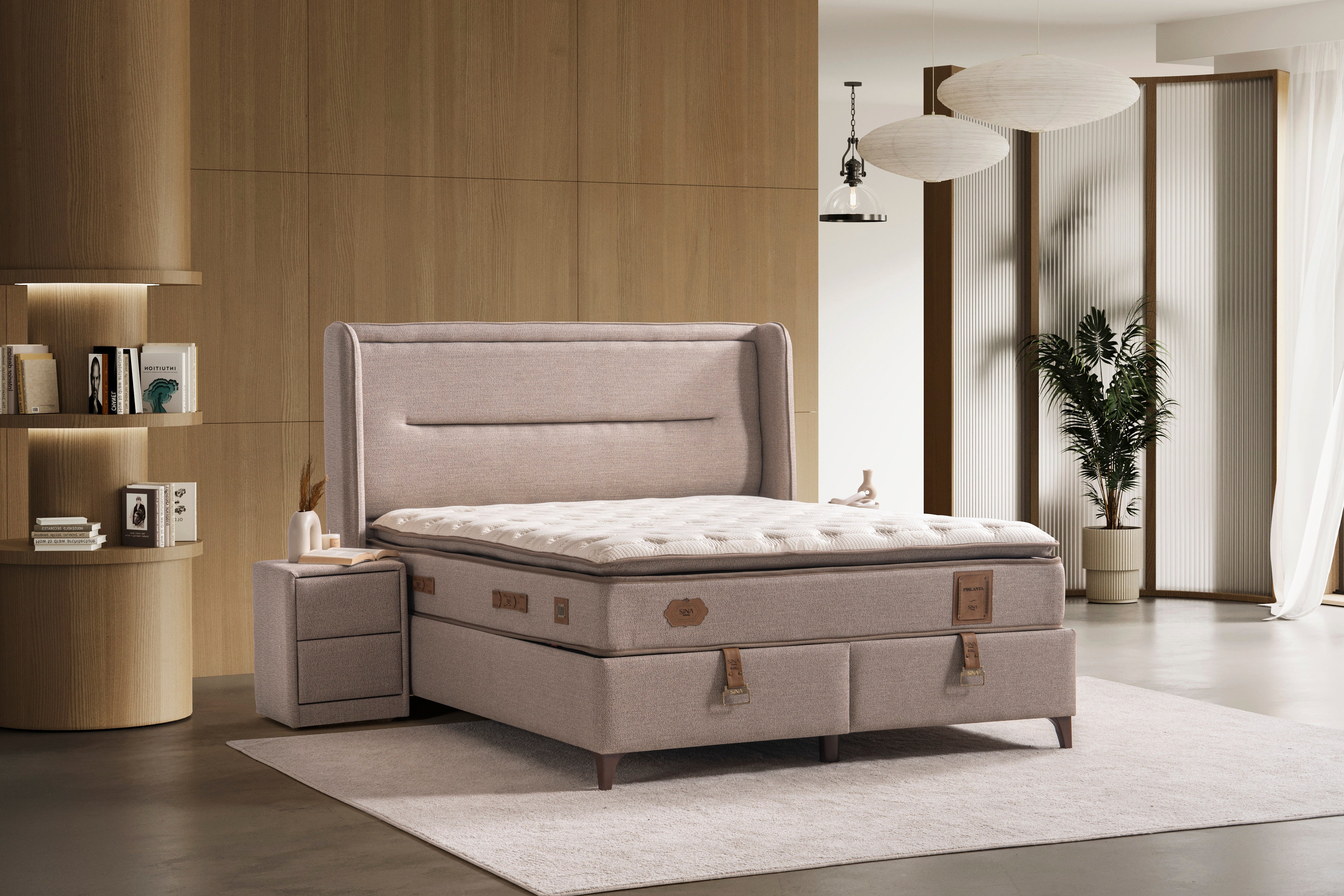 Тапицирано легло «Pirlanta» + Матрак и табла - с място за съхранение, повдигащ механизъм, система за безшумно затваряне