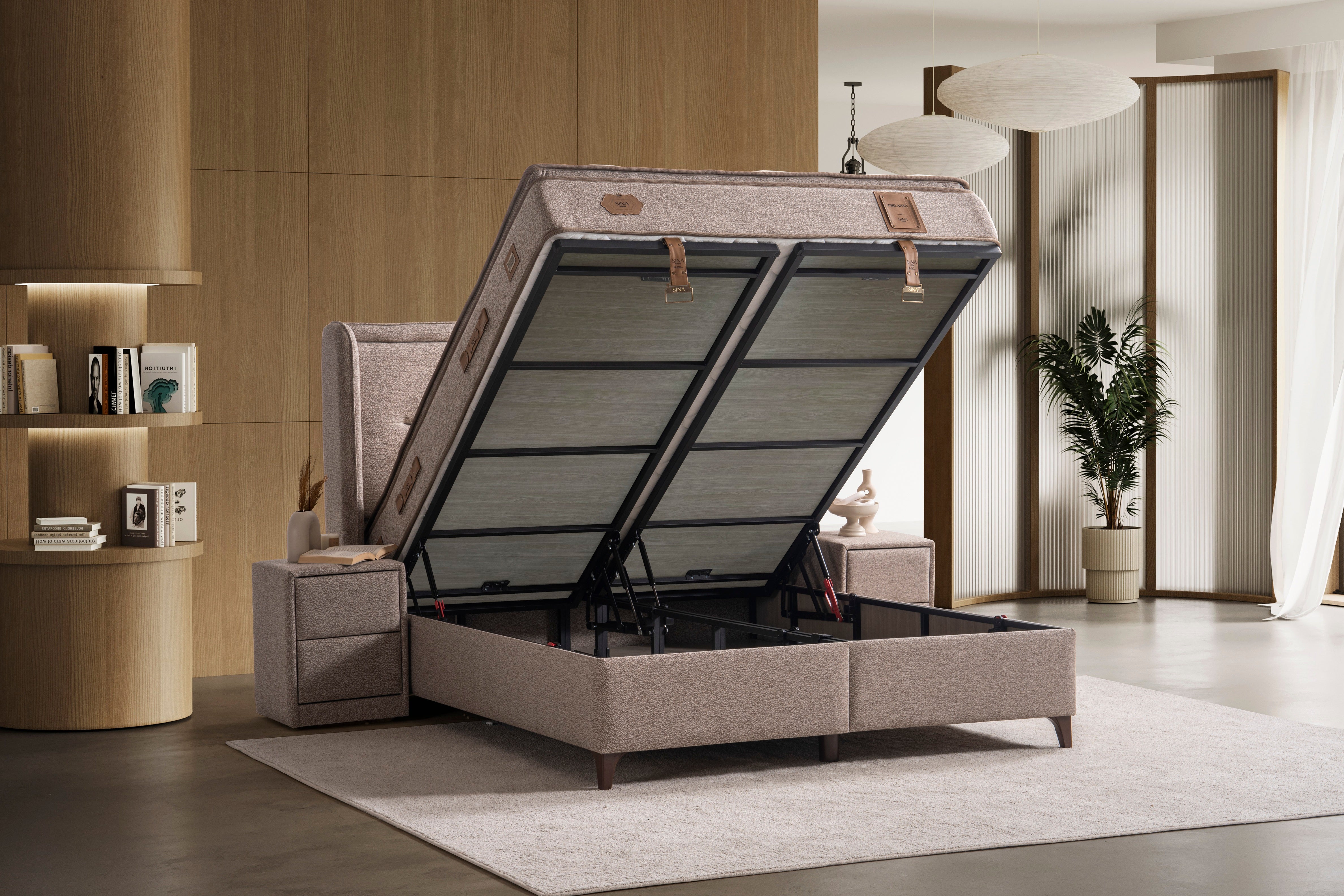 Тапицирано легло «Pirlanta» + Матрак и табла - с място за съхранение, повдигащ механизъм, система за безшумно затваряне