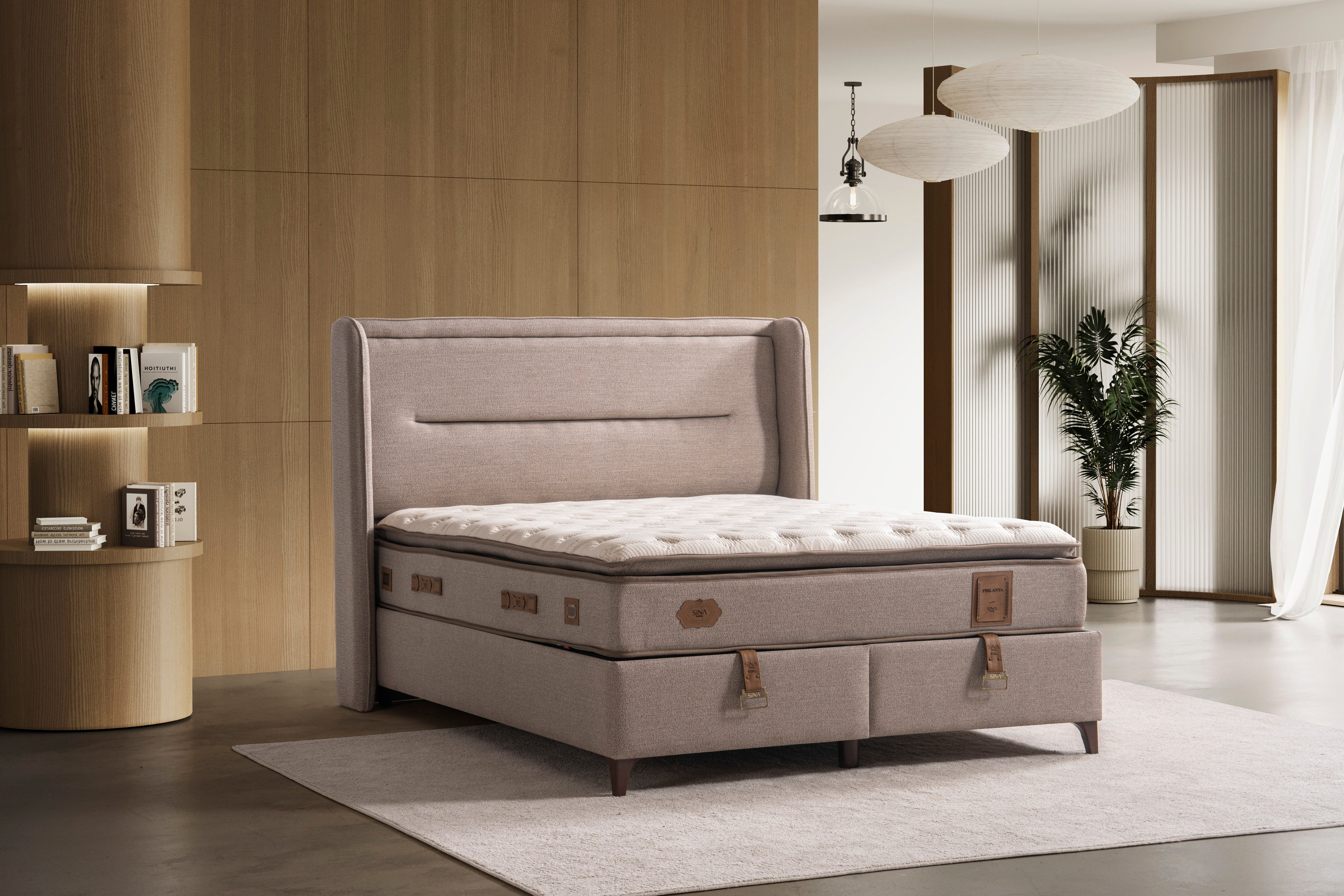 Тапицирано легло «Pirlanta» + Матрак и табла - с място за съхранение, повдигащ механизъм, система за безшумно затваряне